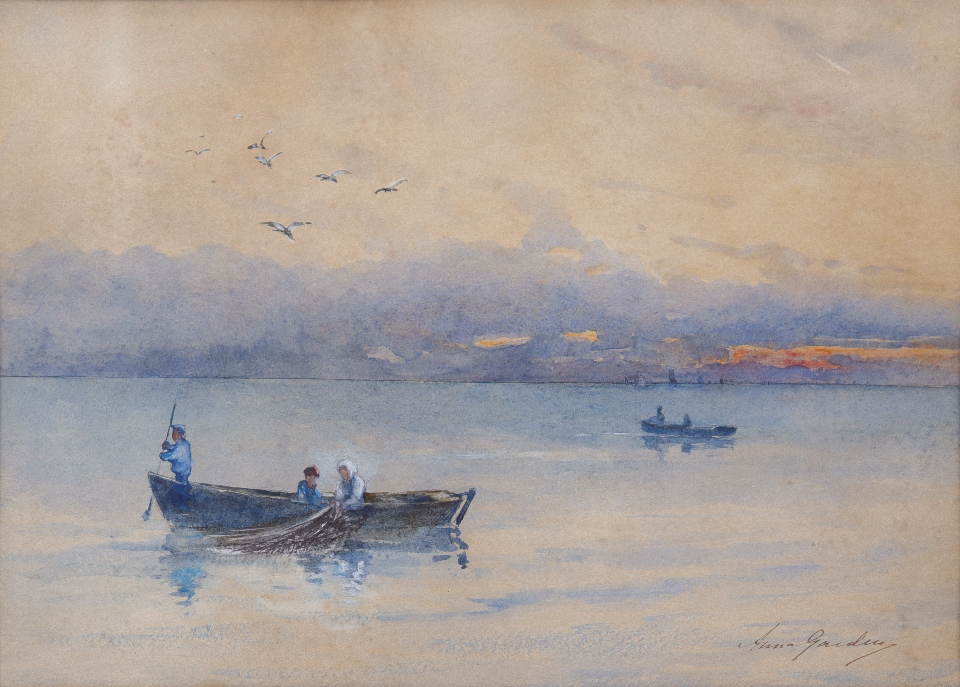 ANNA GARDELL-ERICSON. akvarell, mindre fiskebåtar på lugn sjö.