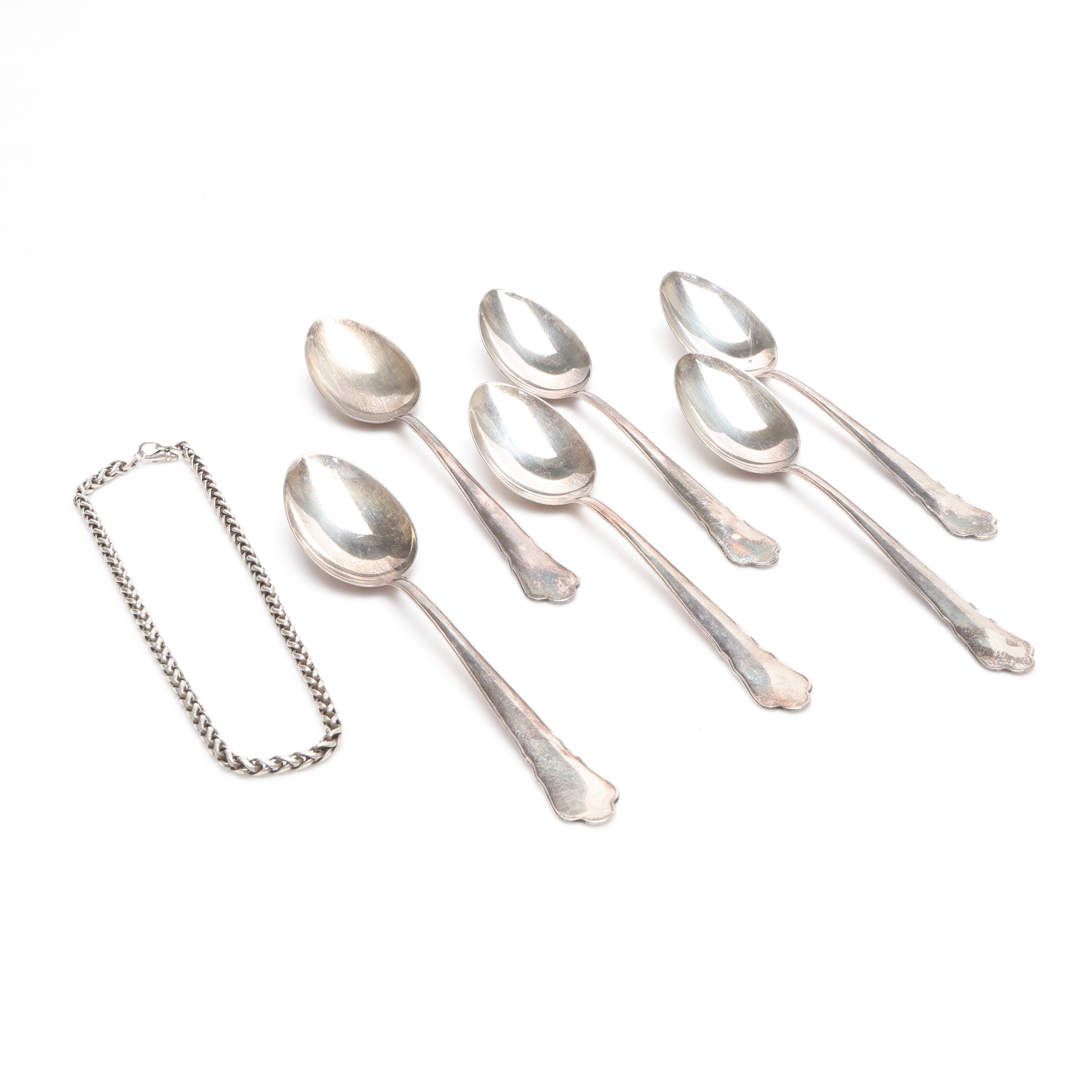 6 SKEDAR samt HALSKEDJA, Silver, vikt cirka 252,6 gram.