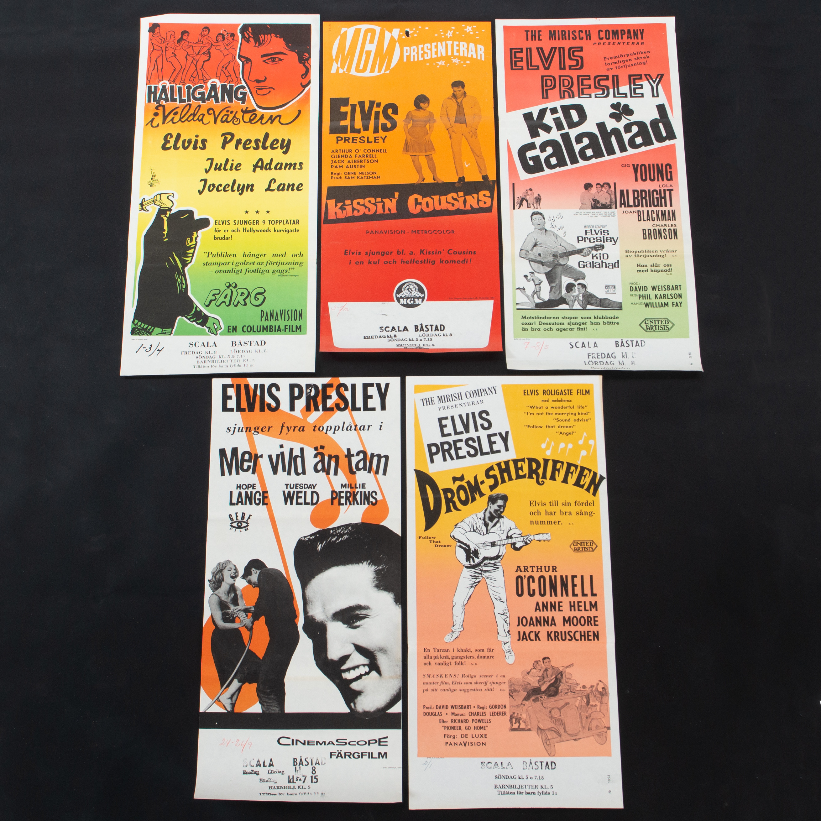 ELVIS PRESLEY. STOLPAFFISCHER, 5 st, Elvis Presley, 1960-tal. 30 x 70 cm.