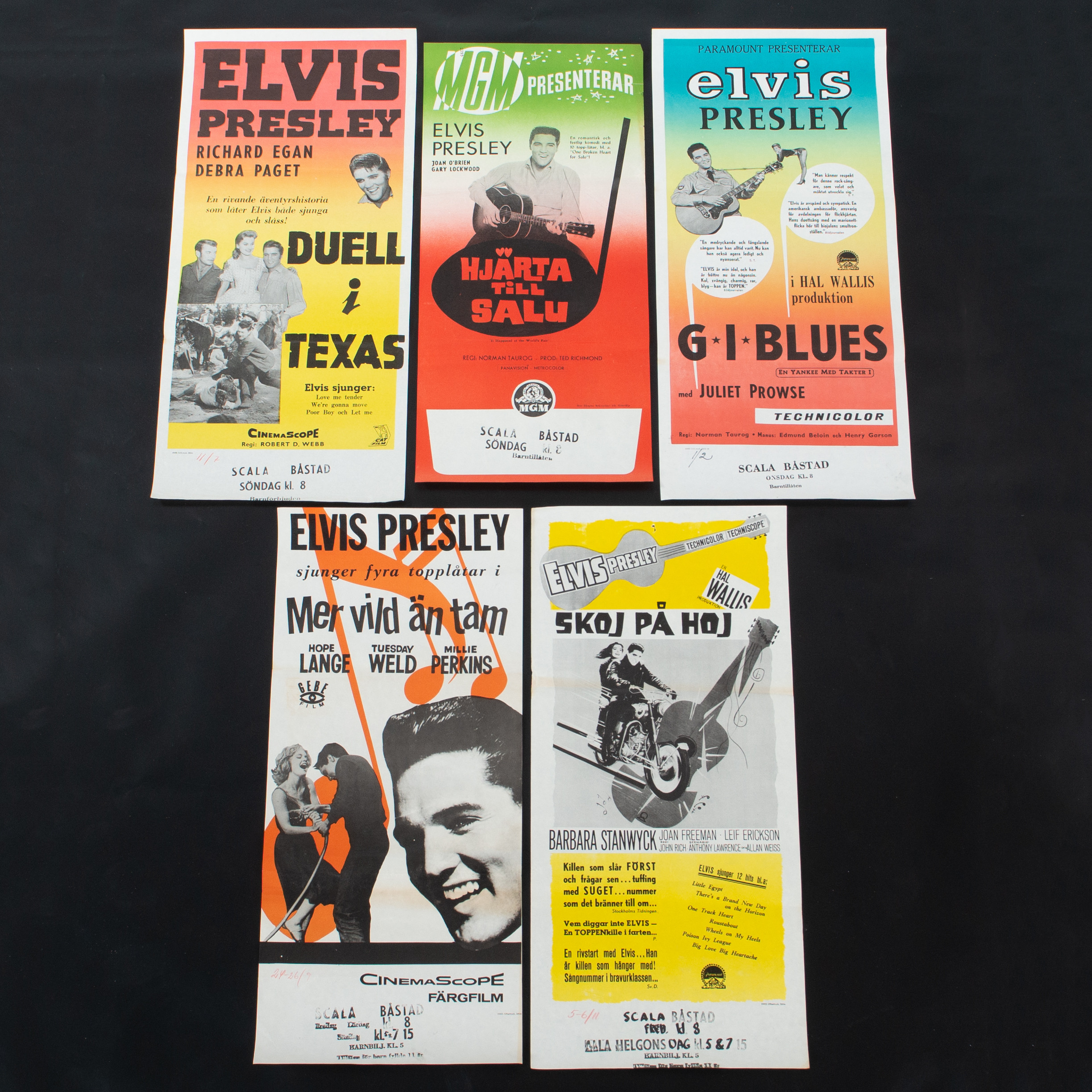 ELVIS PRESLEY. STOLPAFFISCHER, 5 st, Elvis Presley, 1960-tal. 30 x 70 cm.