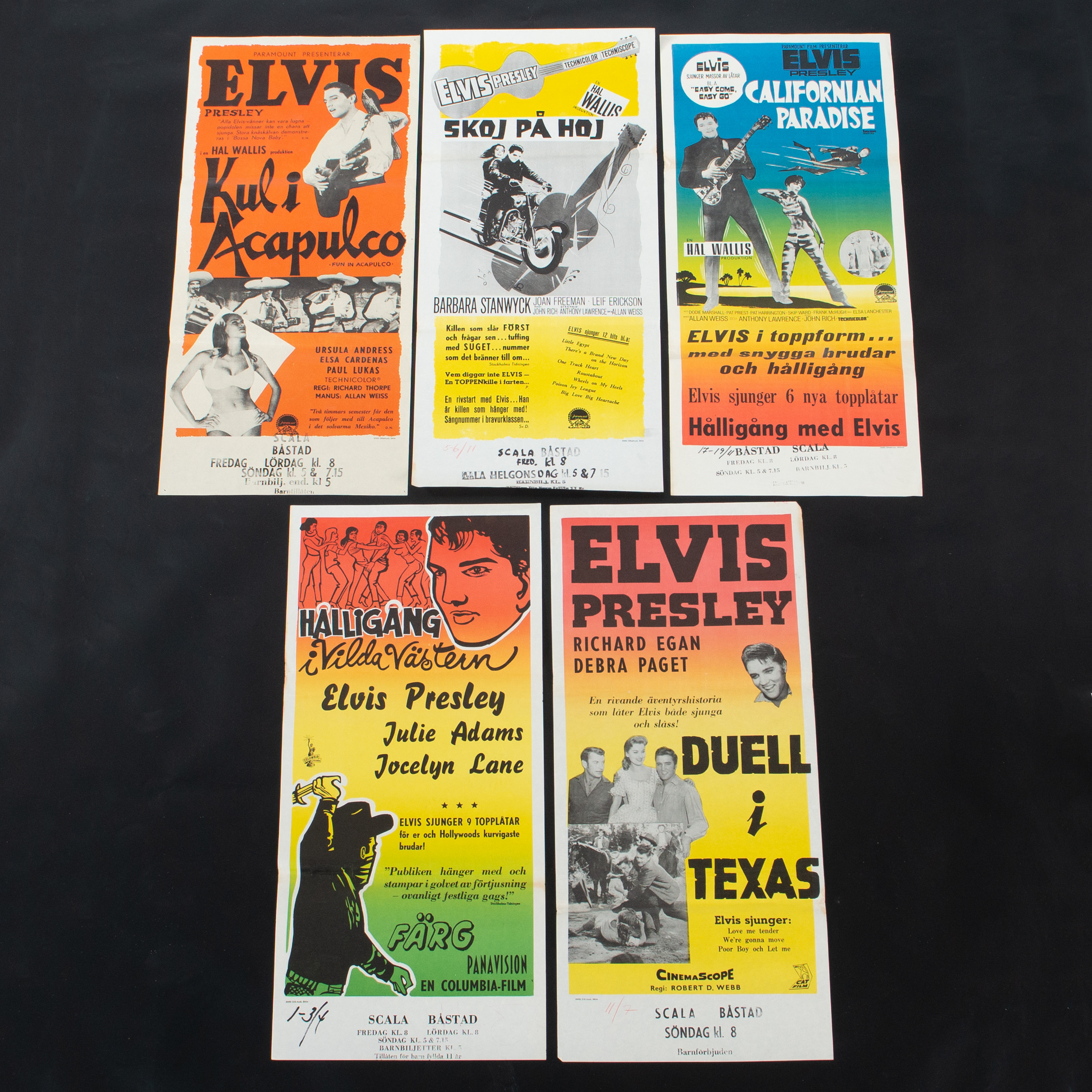 ELVIS PRESLEY. STOLPAFFISCHER, 5 st, Elvis Presley, 1960-tal. 30 x 70 cm.