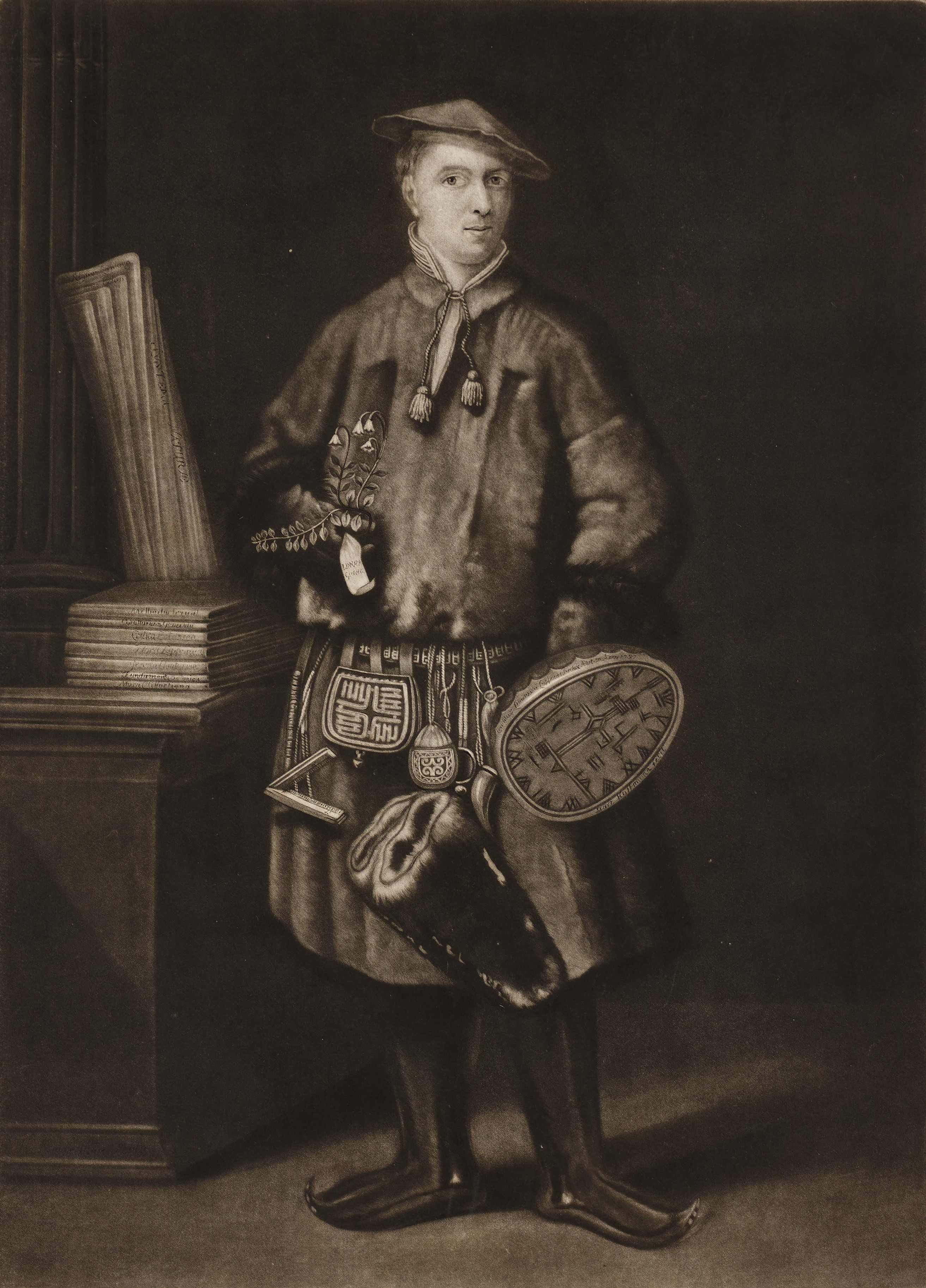 ROBERT JOHN DUNKERTON (1744-1811). "Carl von Linné" (Linnaeus in his Lapland Dress). Mezzotint 1805, ur Thornton's "New Illustration of the Sexual System of Carolus von Linnaeus" (utgiven i London 1807).