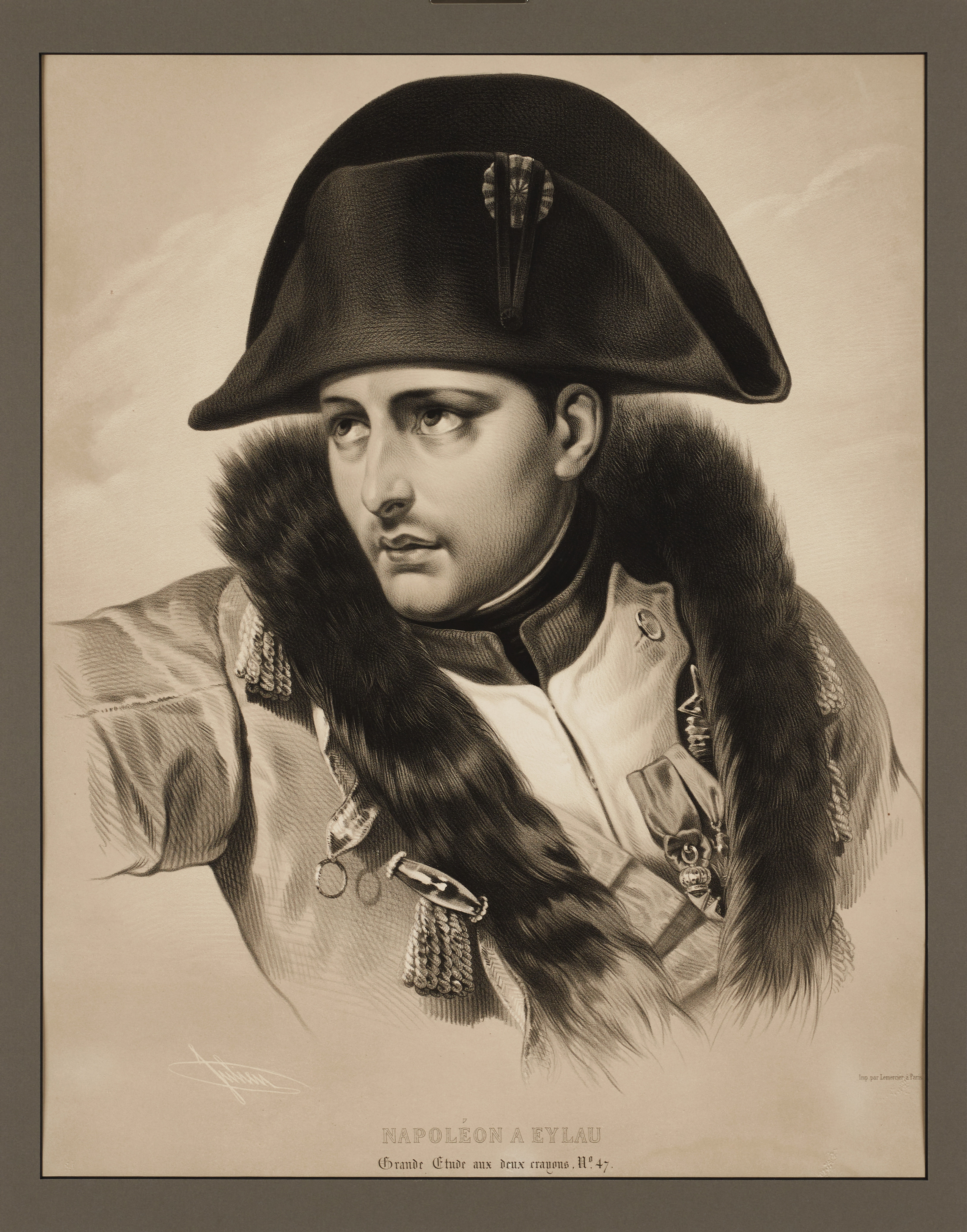 BERNARD-ROMAIN JULIEN (1802-1871), "Napoléon a Eylan (Grand Etude aux deux crayons No 47)". Litografi, 1845, efter Antoine Gros (1731-1835). Tryckt av Lemercier, Paris och utgiven av François Delarue, Paris.