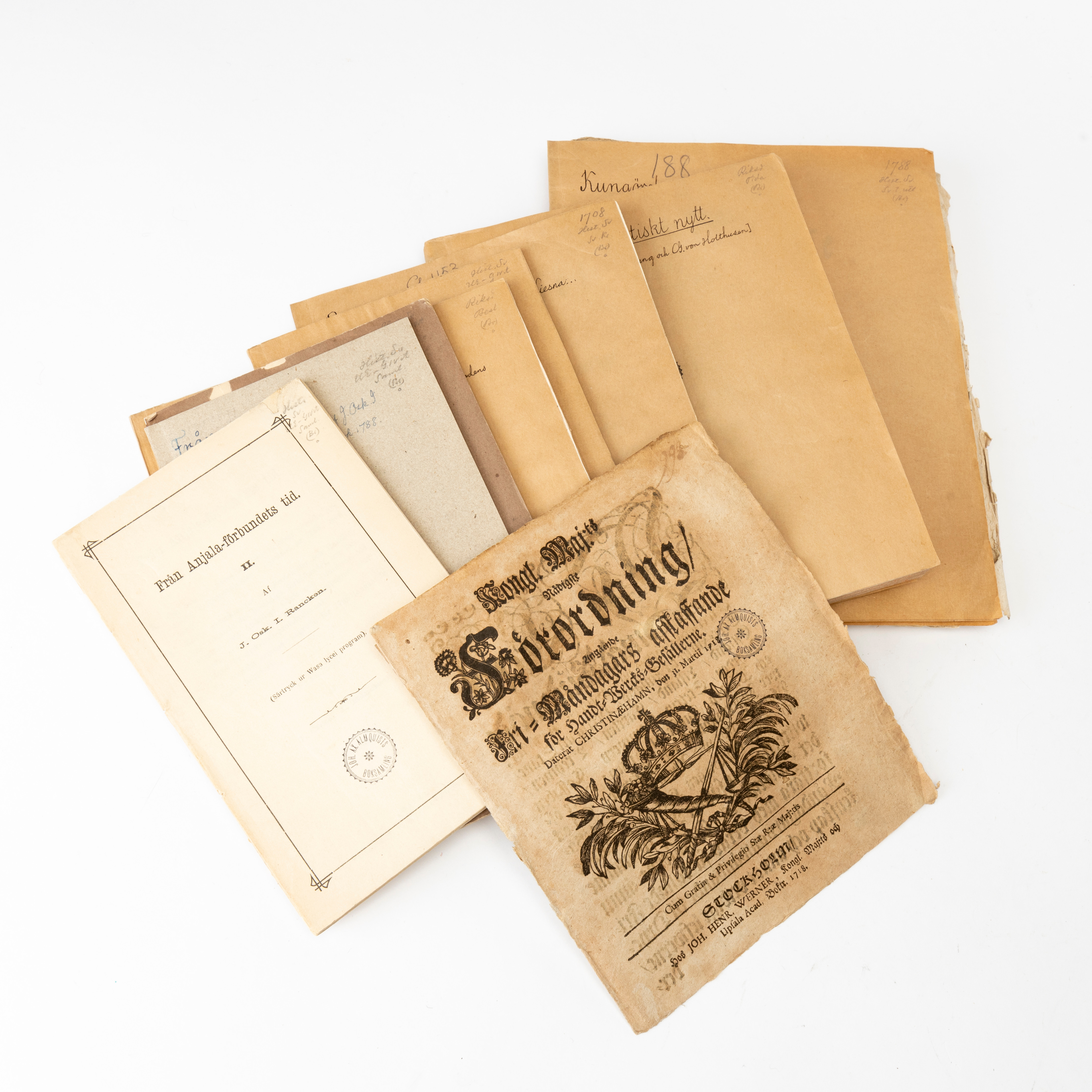 KUNGÖRELSER, FÖRORDNINGAR, SKRIFTER, 22 delar, delvis ut Johan Axel Almquist Boksamling, 1700-1800-tal.