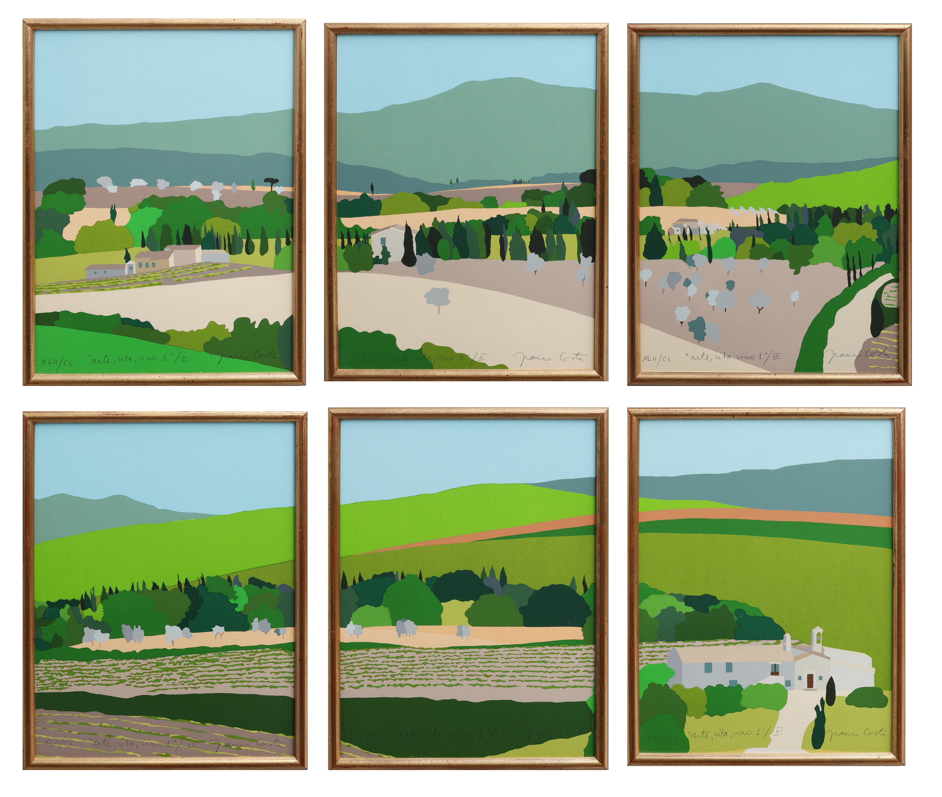 FRANCO COSTA. SEX SERIGRAFIER, "ARTE, VITA, VINO 1", SIGNERAD OCH NUMRERAD XLII/CL.