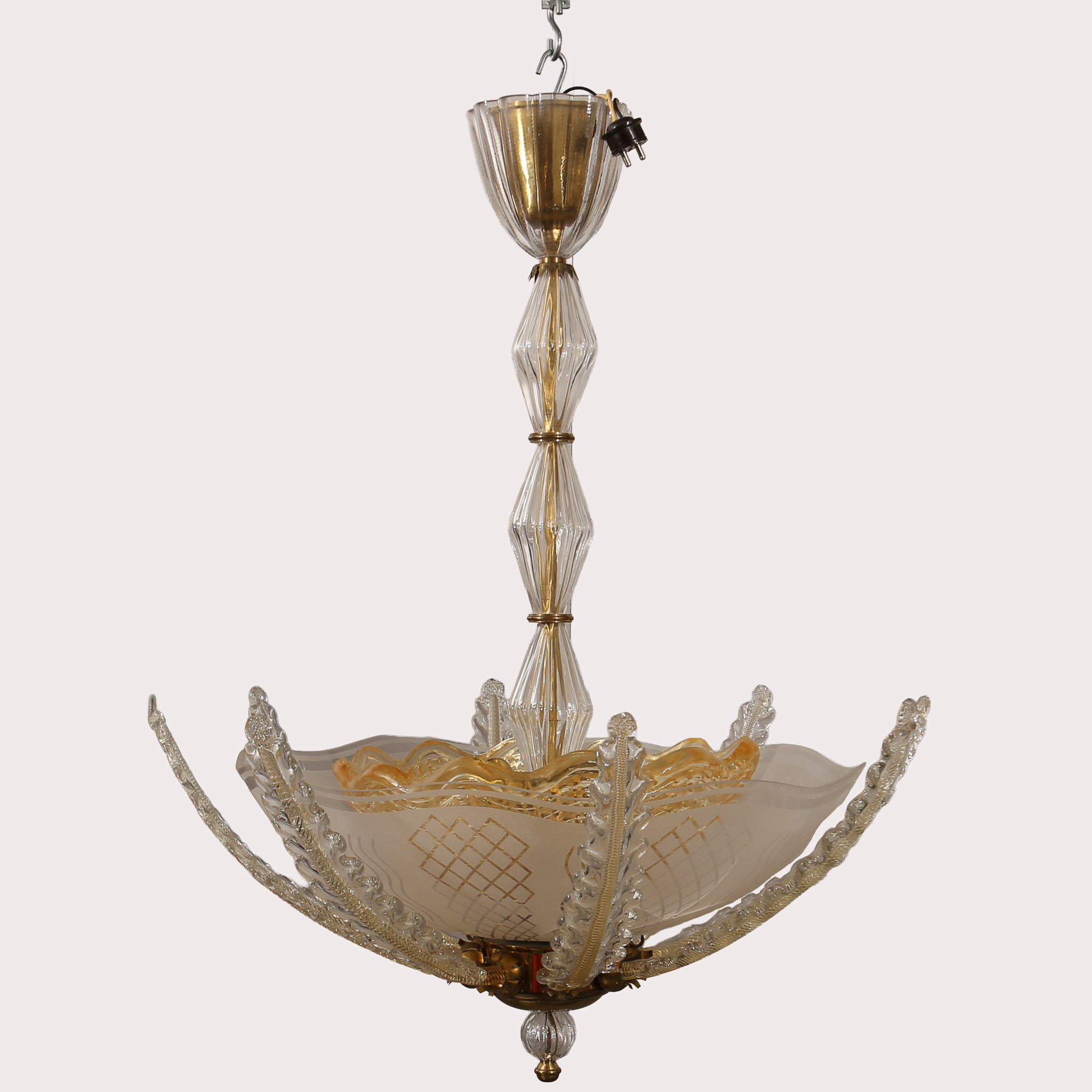 CARL FAGERLUND. Taklampa, glas med mässingdetaljer, 3 ljuskällor.