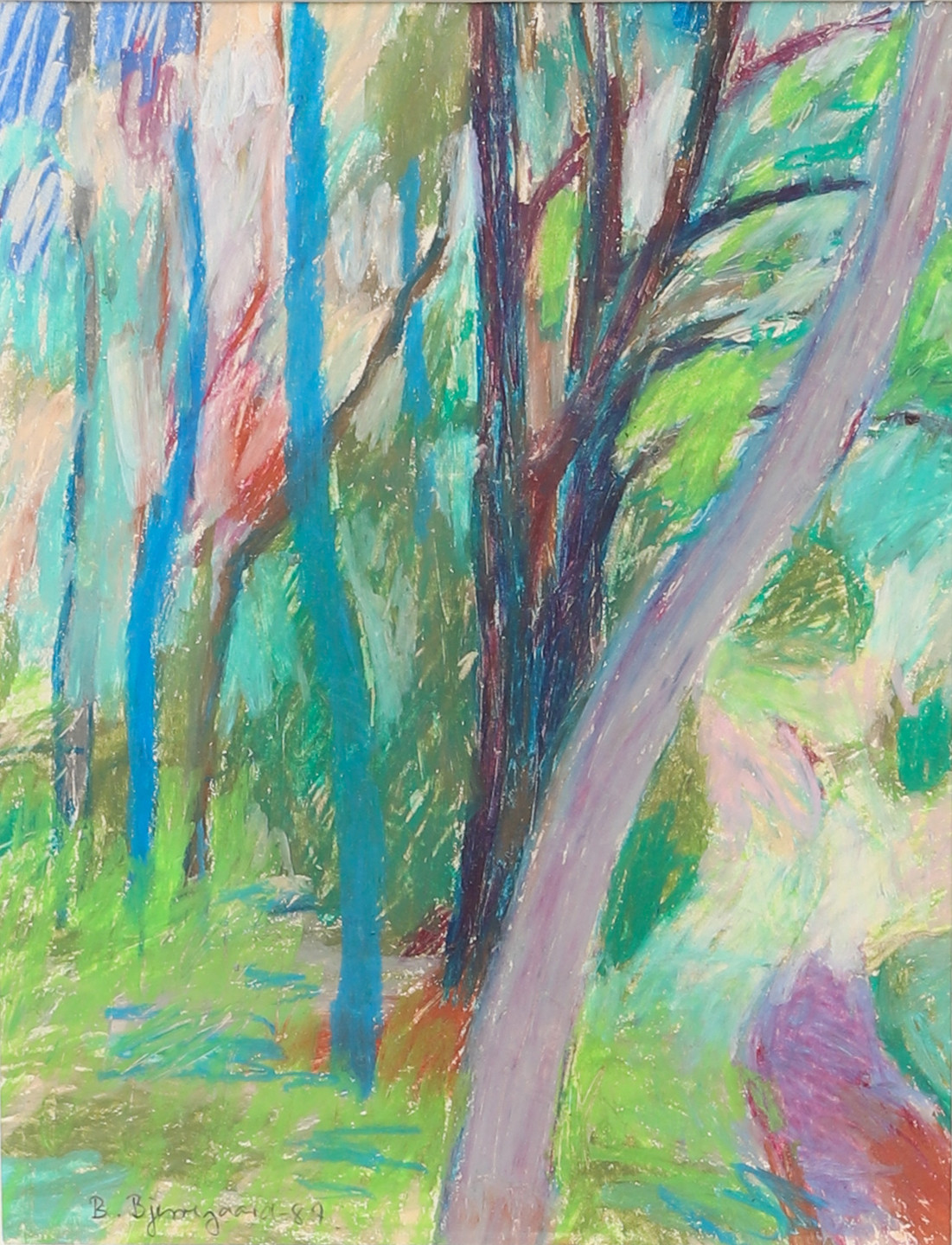 BENTE  BJERREGAARD. "Från skogen", pastell, signerad och daterad -89.