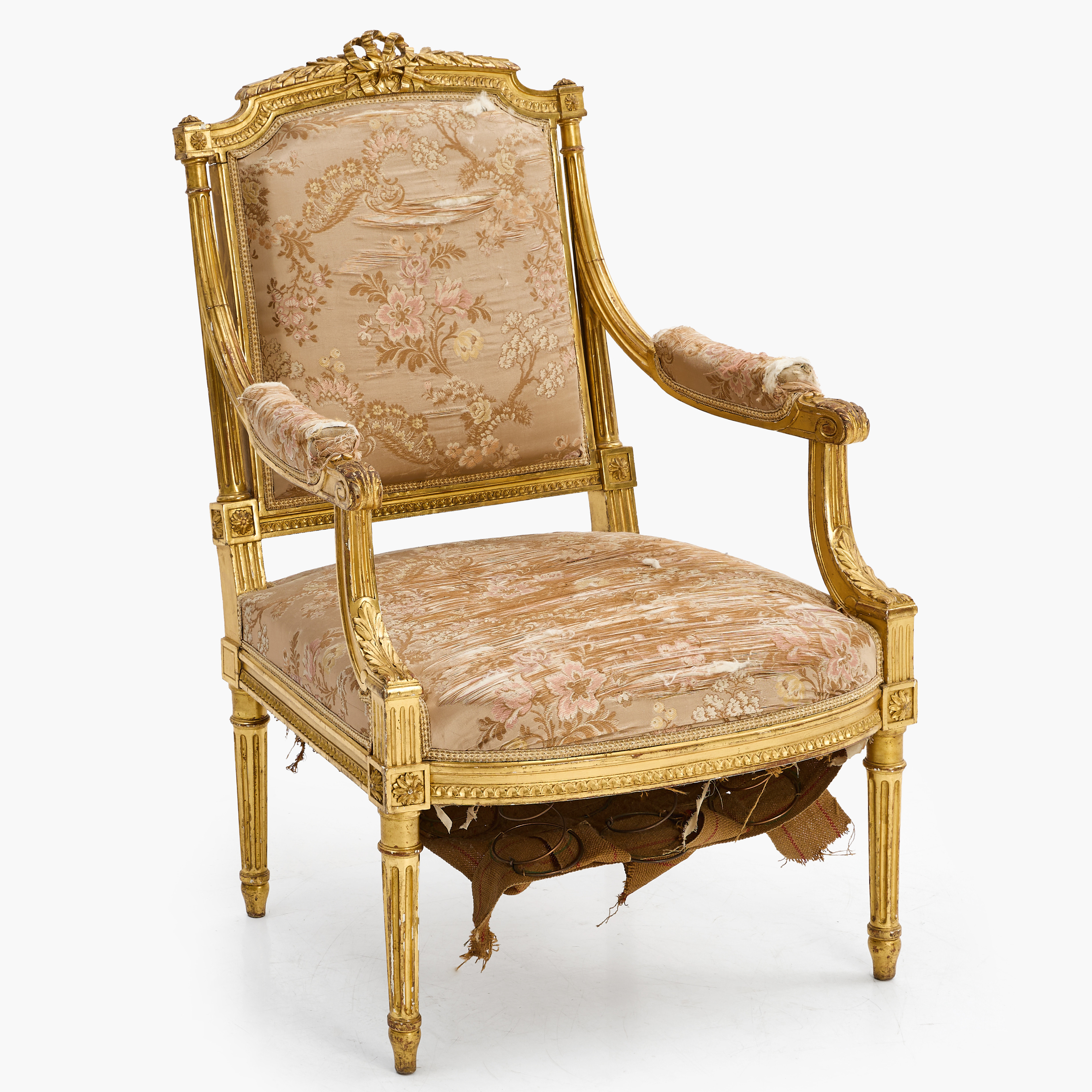 KARMSTOL, Louis XVI-stil, skuren dekor samt pastellage, förgylld, sannolikt Frankrike, 1800-talets senare del, etikettsignerad Diolé.
