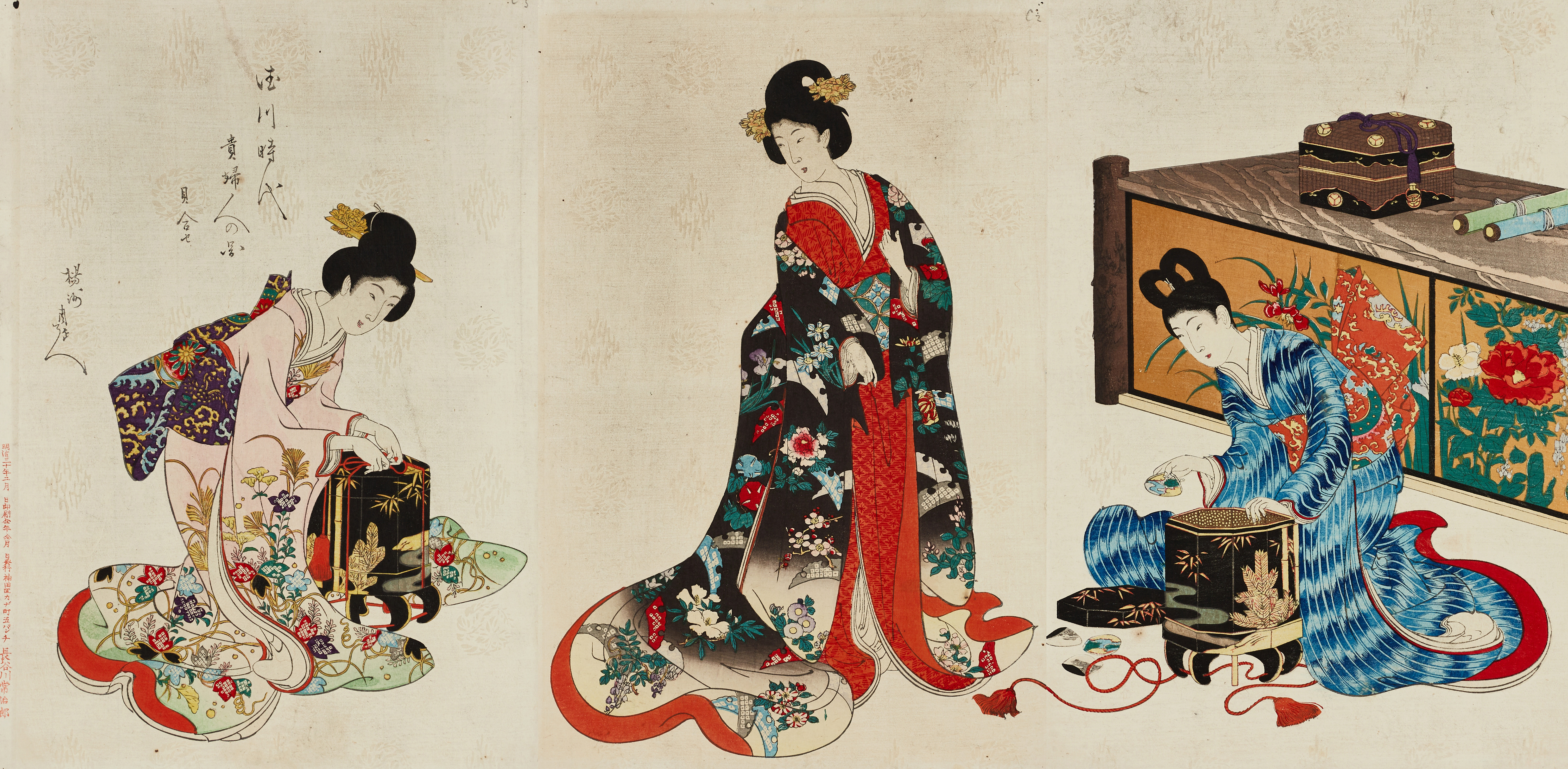 YOSHU CHIKANOBU (Japan 1838-1912), triptyk, Kimono fitting from the series" (Tokugawa court ladies), 1896, woodcut.