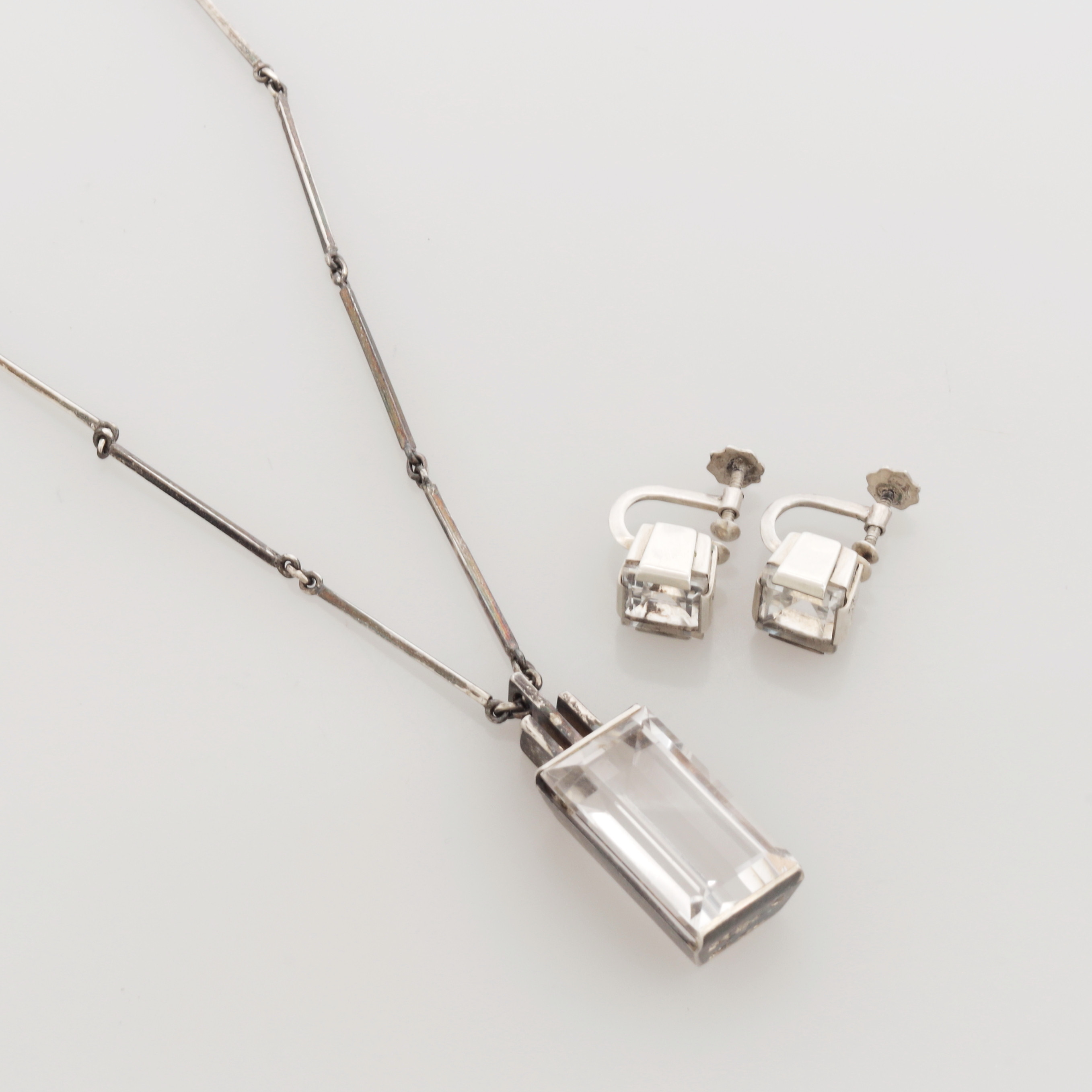 HALSBAND med HÄNGE samt ÖRGÄNGEN, 4 delar, silver och bergskristall, Stigbert, Heribert Engelbert AB, Stockholm.