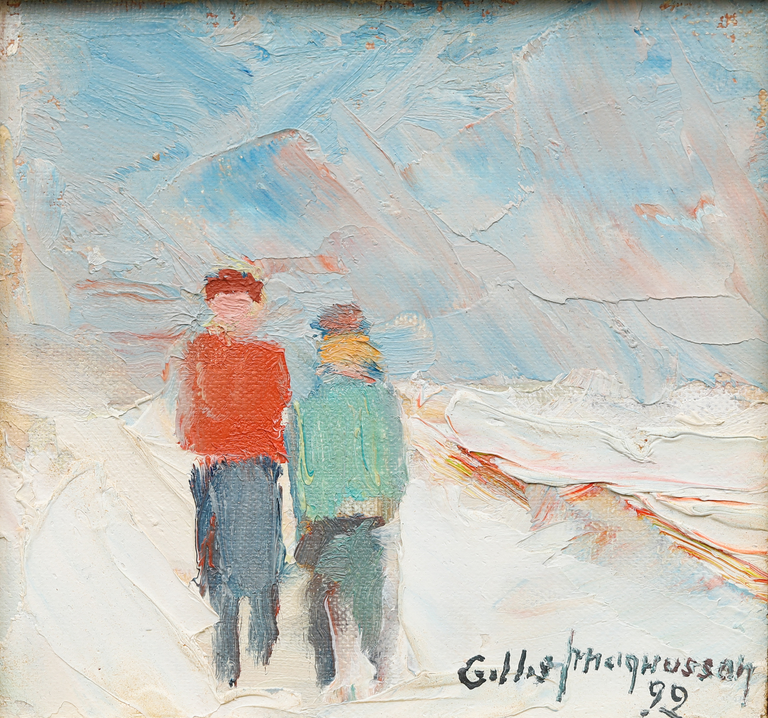 GILLIS MAGNUSSON. Två figurer i vinterlandskap, olja på duk, signerad och daterad -92.
