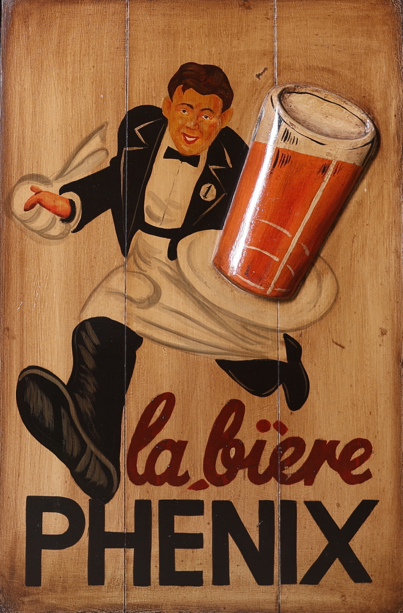 REKLAMSKYLT, bemålat trä, "La bière Phenix", 1900-/2000-tal.