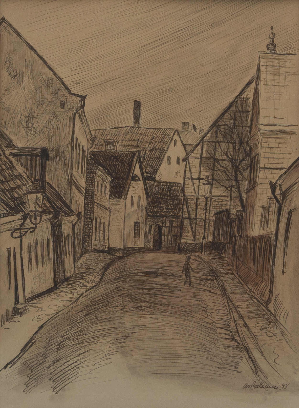 ARNO VIHALEMM (ESTLAND/SVERIGE 1911-1999). Gatumiljö, Ystad, blandteknik, signerad och daterad -48.