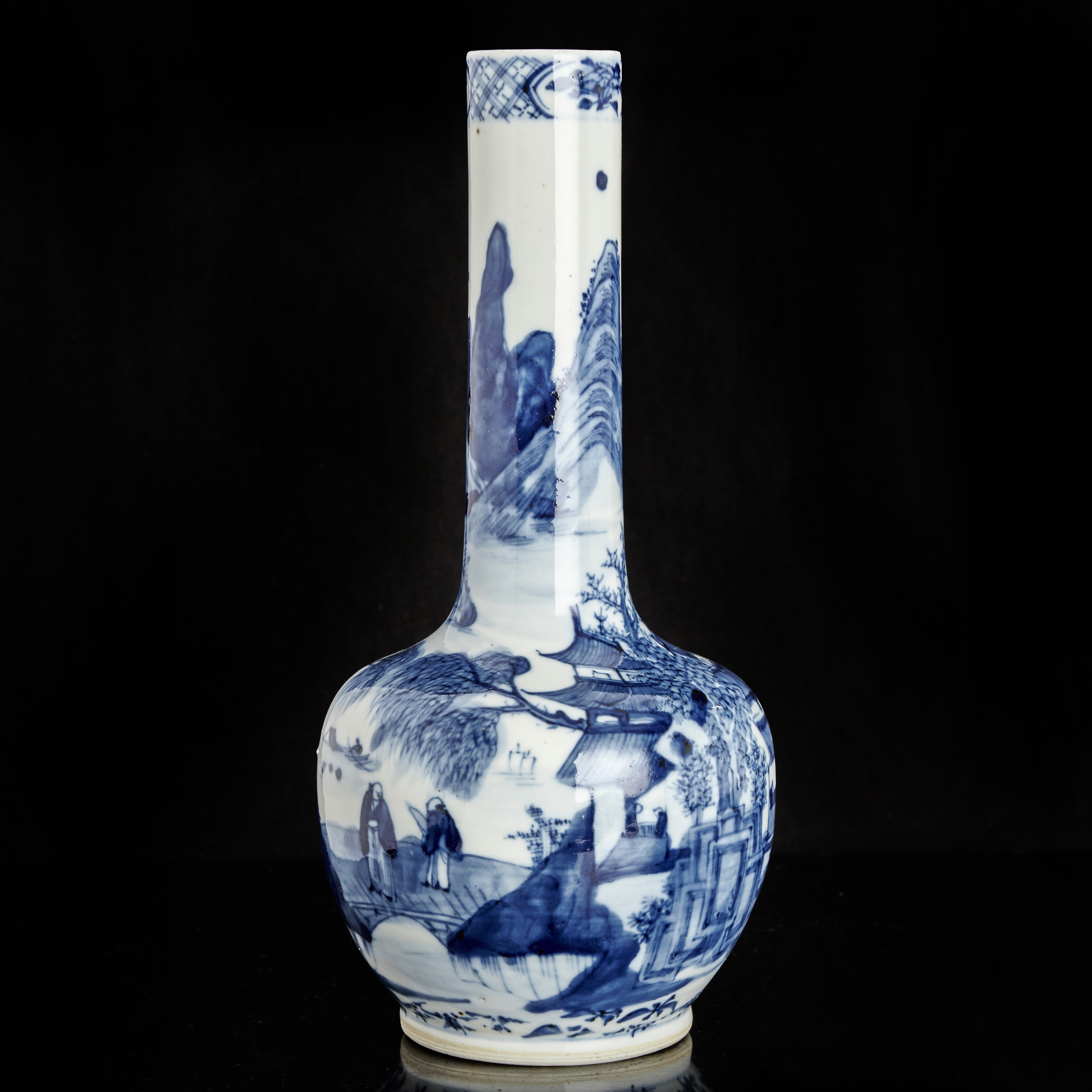 VAS, porslin, Kina, dekor i underglasyrblått av landskap med figurer, sen Qingdynastin, 1800-tal.