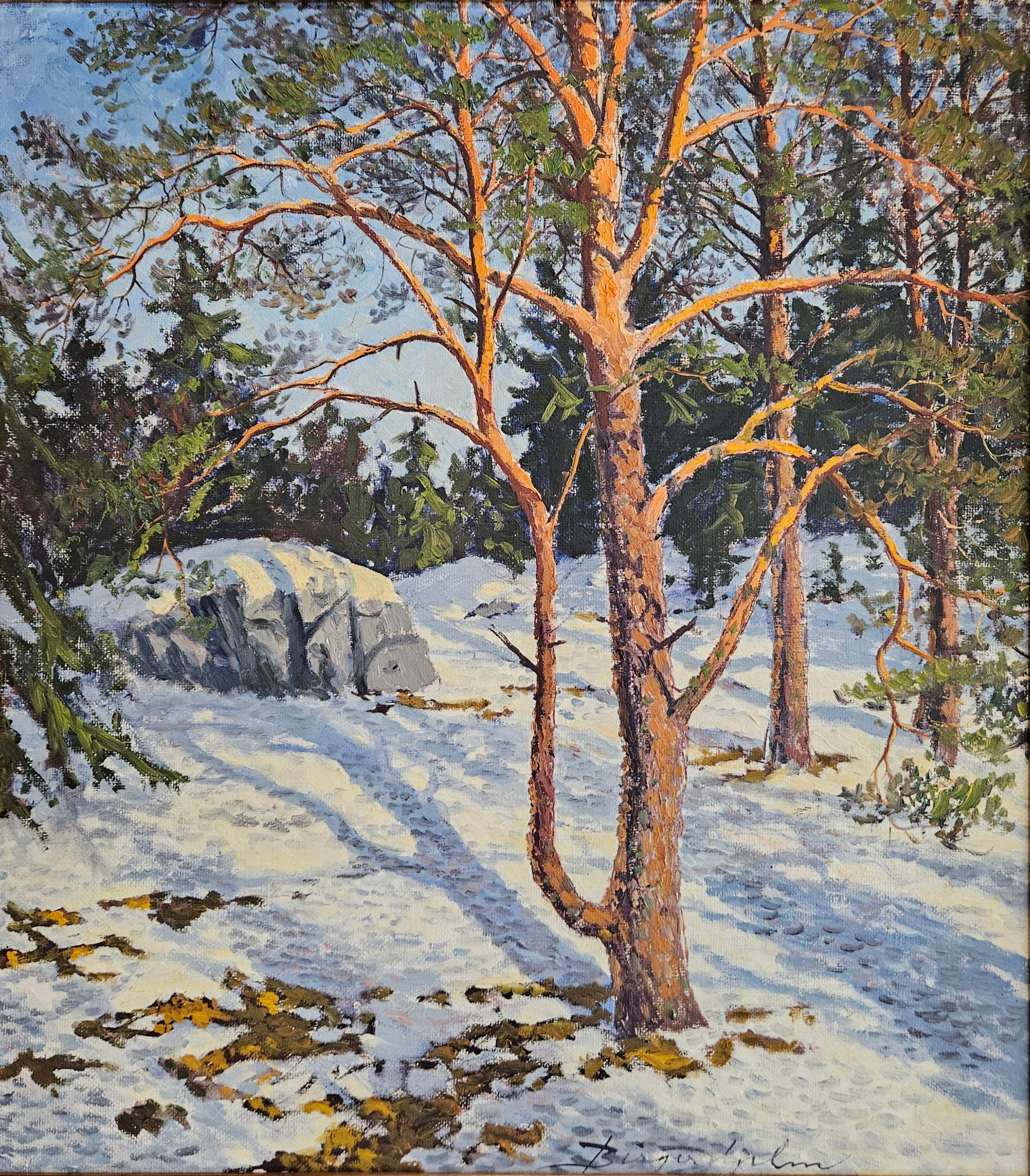 BIRGER HJELM. Skogslandskap. Olja på pannå, signerad Birger Hjelm.