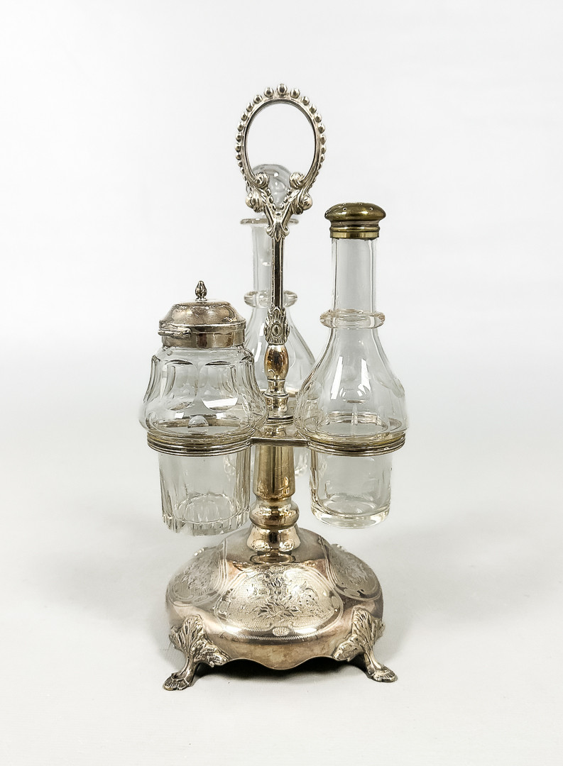 BORDSSURTOUT, 3 delar, glas, nysilver, Braese, 1900-tal.