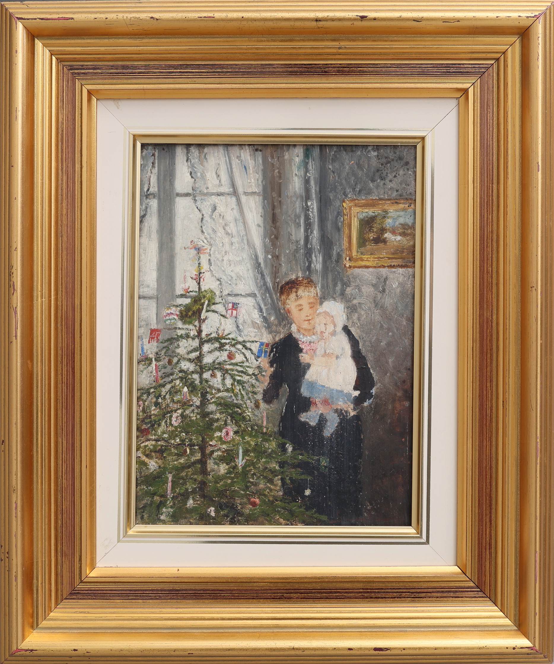 SEVERIN NILSSON 1846-1918. OLJA PÅ TRÄPANNÅ, JULAFTON, SIGNERAD.