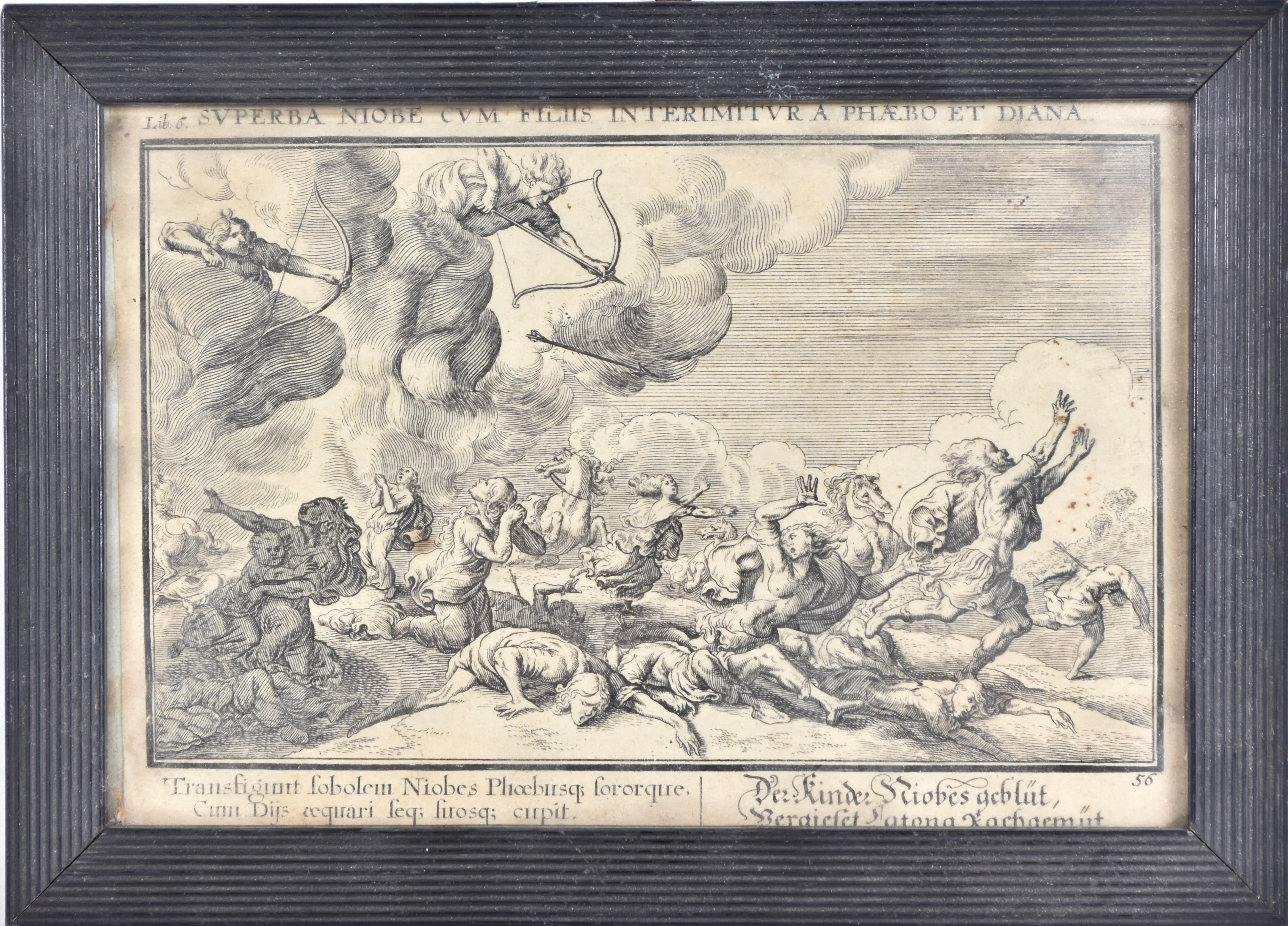 JOHANN WILHELM BAUR. kopparstick, "Superba Niobe cum filiis interimetur a Phoebo et Diana".