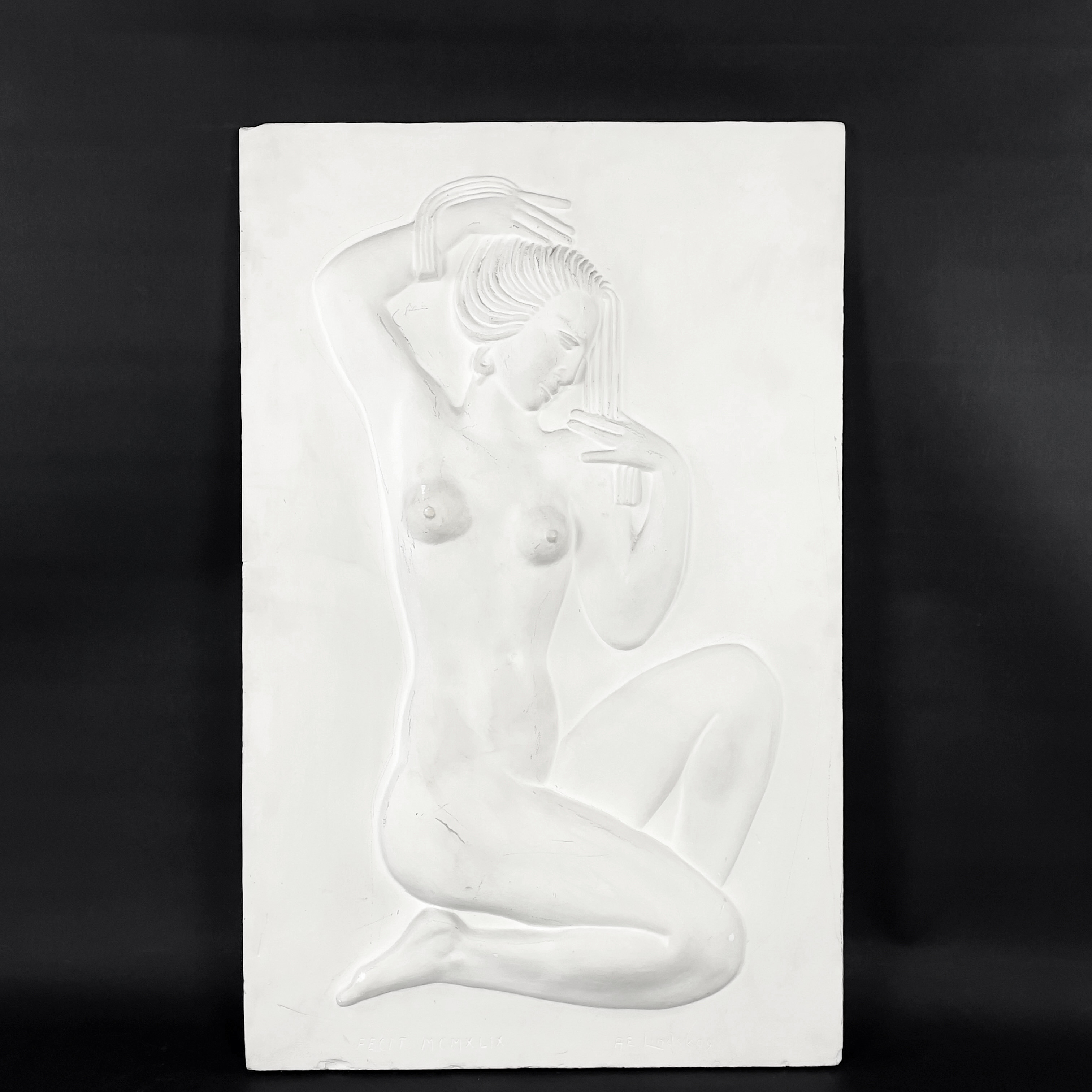AXEL-EINAR LINDSKOG. Gipsrelief, kvinnofigur, daterad 1969, signerad A.E. Lindskog.