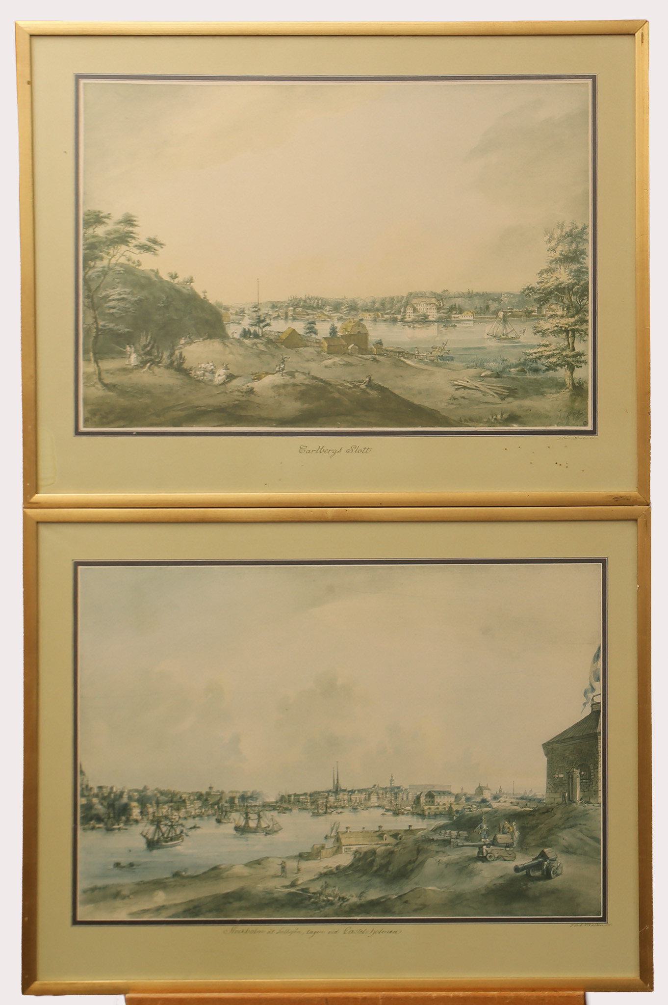 JOHAN FREDRIK MARTIN, 2 st., efter, rastertryck, Carlbergs Slott och Stockholm åt Saltsjön tagen vid Castell-holmen. 1900-talets tredje fjärdedel.