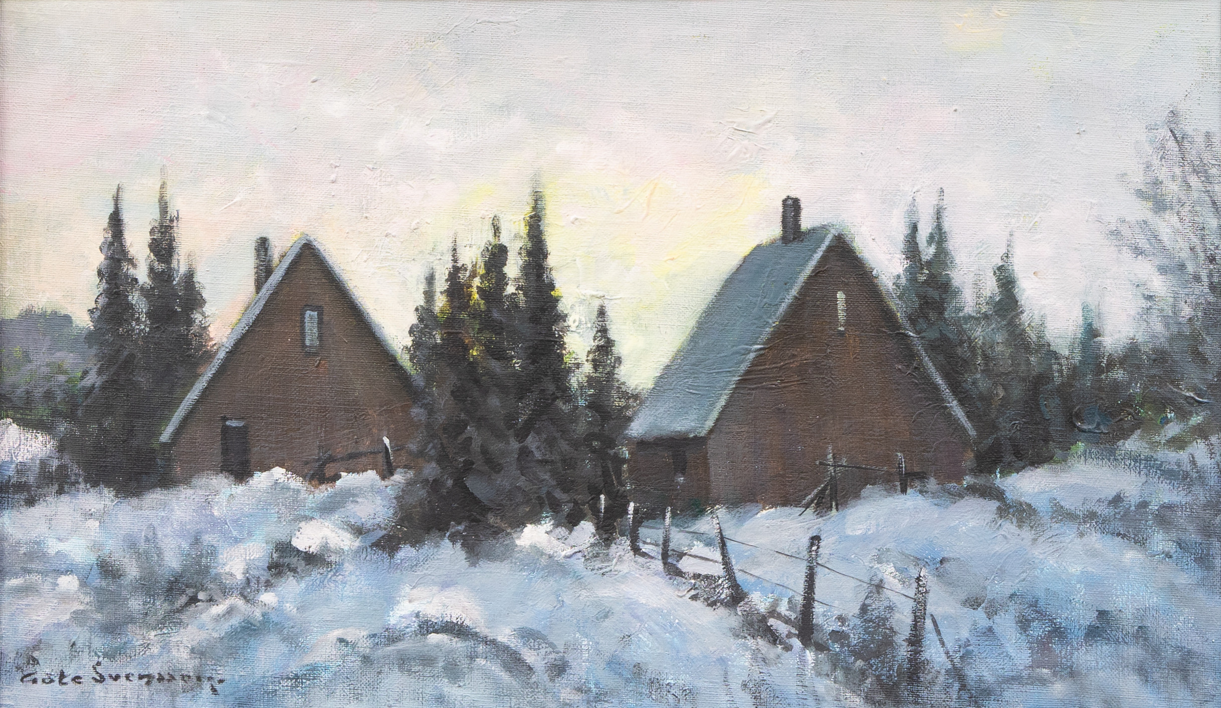GÖTE SVENSSON (1926-2013). Hus i vinterlandskap, olja på duk, signerad.