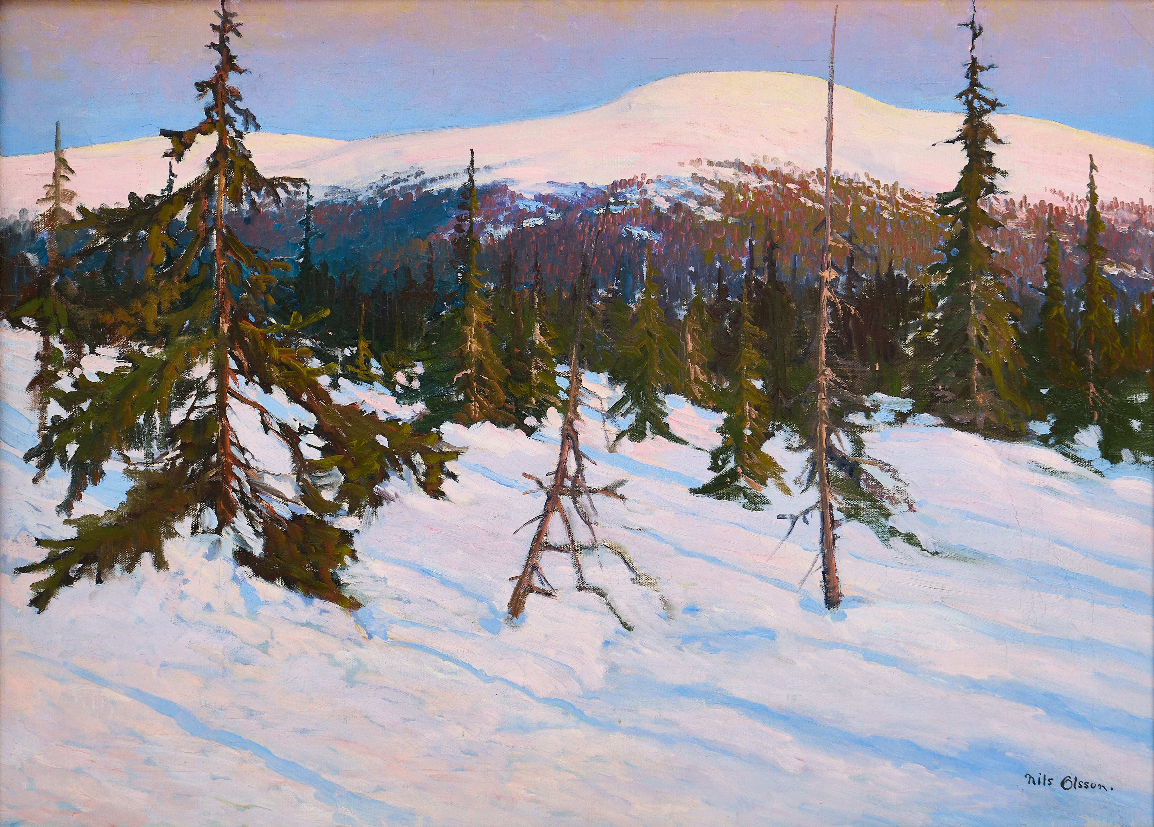 NILS OLSSON (1900-tal): Fjäll i vinterskrud, signerad Nils Olsson, olja på duk.