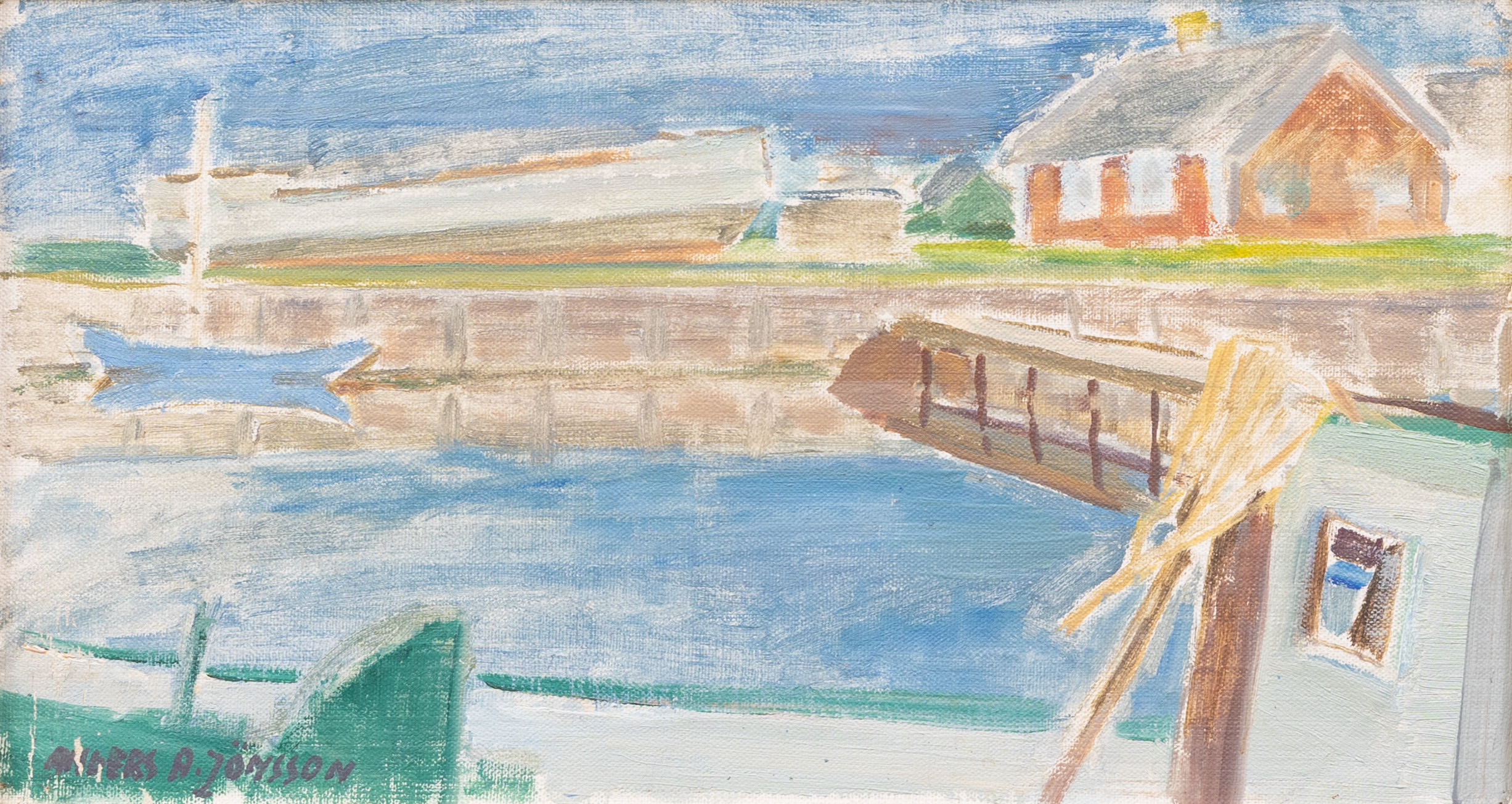 ANDERS A JÖNSSON (1907–2002. Fiskehamn, olja på pannå, signerad.