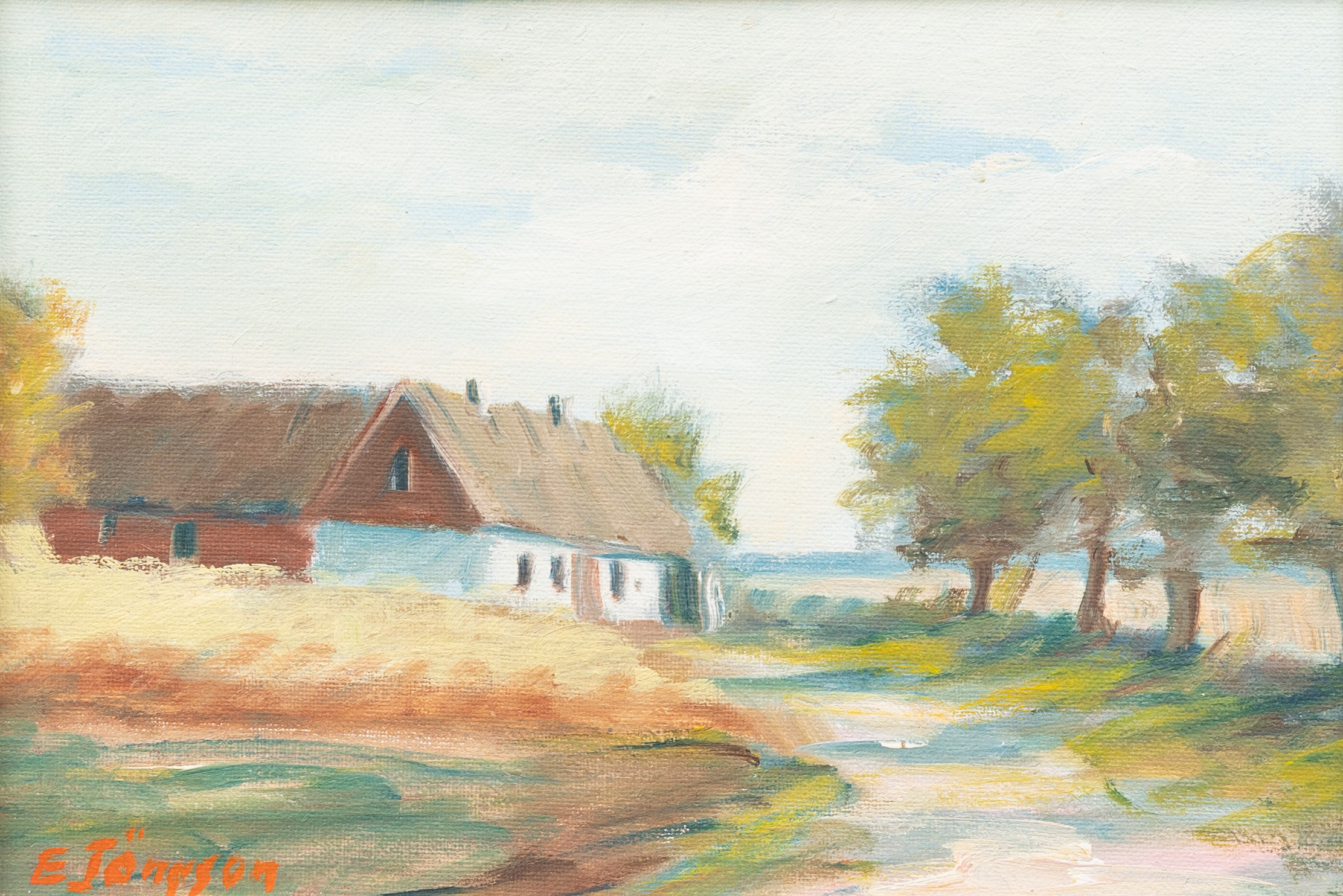 JOHN ERIK JÖNSSON (1912-2010). Gård i landskap, olja på duk, signerad E Jönsson.