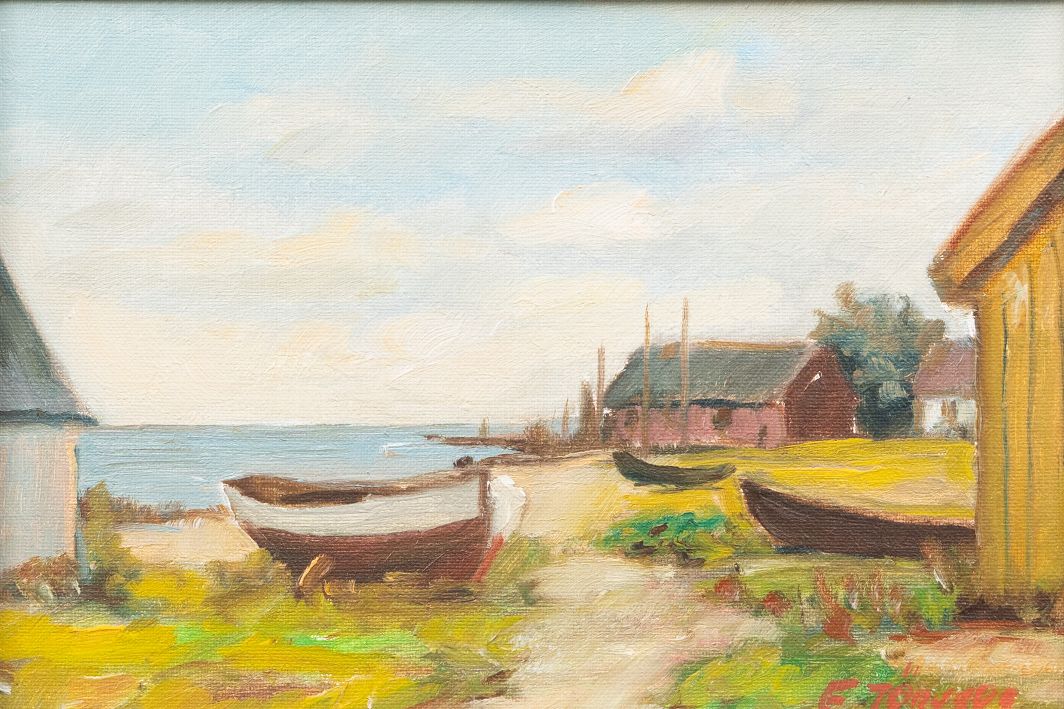 JOHN ERIK JÖNSSON (1912-2010). Kustlandskap med båtar, olja på duk, signerad E Jönsson.