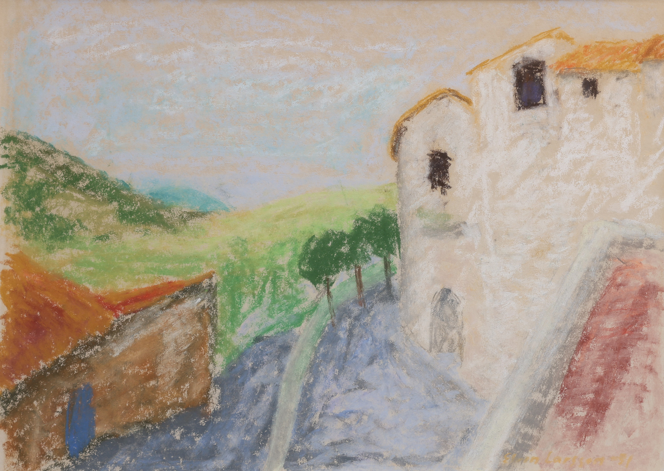 ELVIN LARSSON 1913-1995. PASTELL, BYMOTIV, OSIGNERAD.