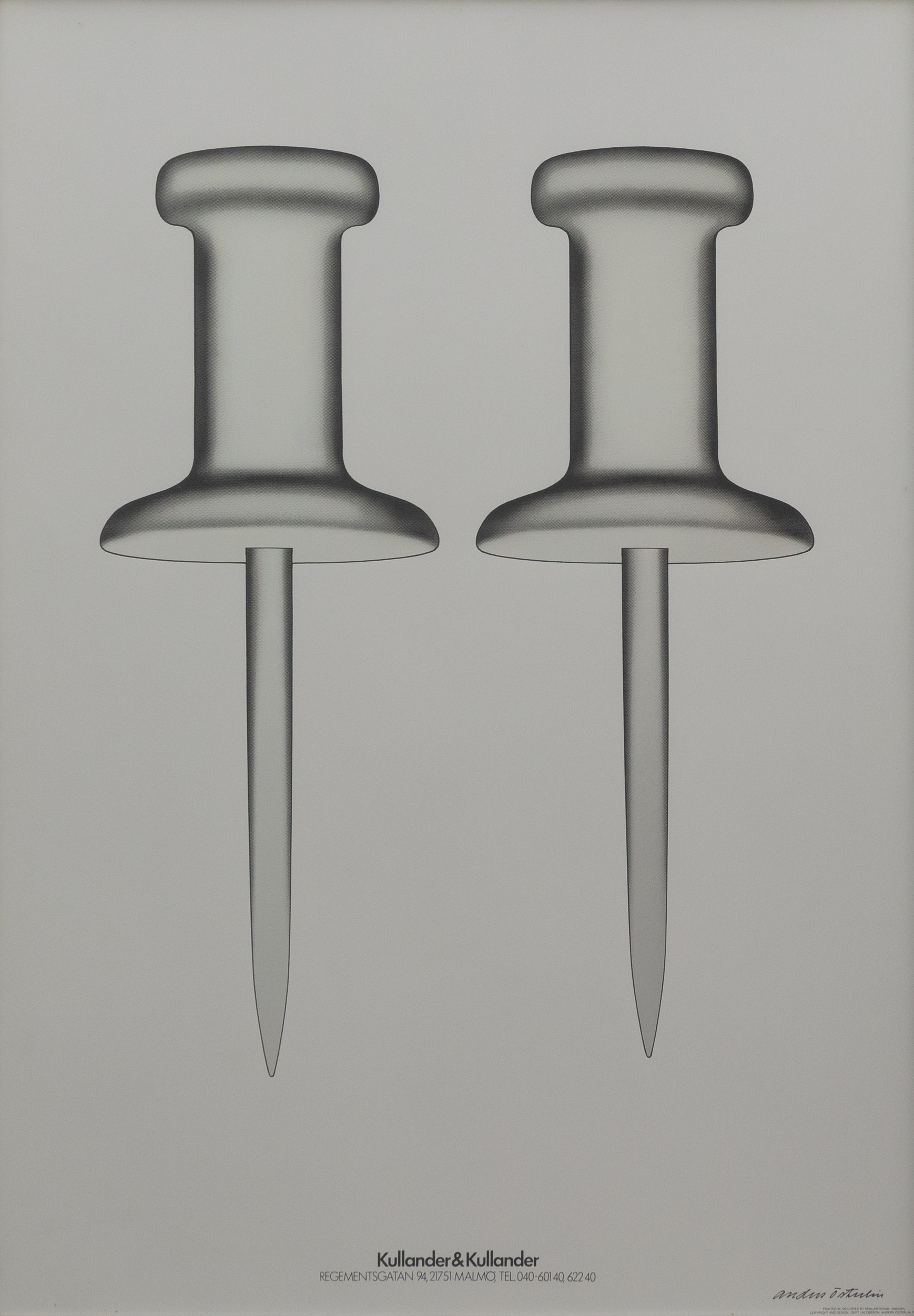 ANDERS ÖSTERLIN. Push-pin i silver, screentryck med metallprägling, signerad.