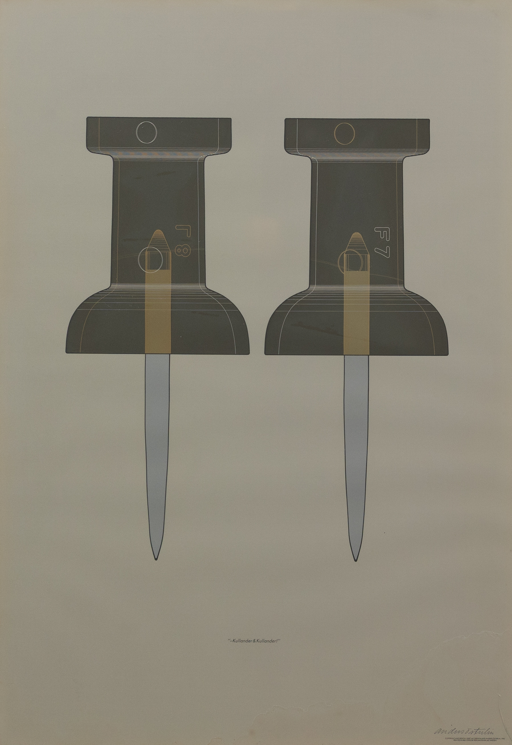 ANDERS ÖSTERLIN. Push-pin i silver/guld screentryck med metallprägling, signerad.