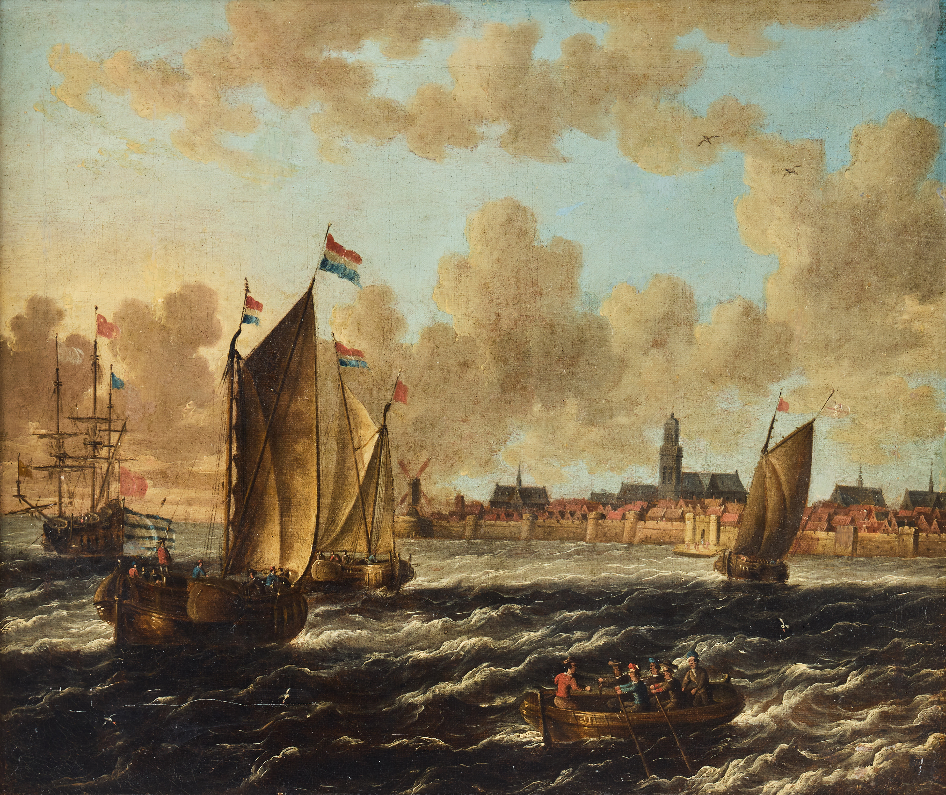 PETER VAN DE VELDE II (ANTWERP 1634-1687/1707). Dutch ships at sea off the coast of a fortified town.