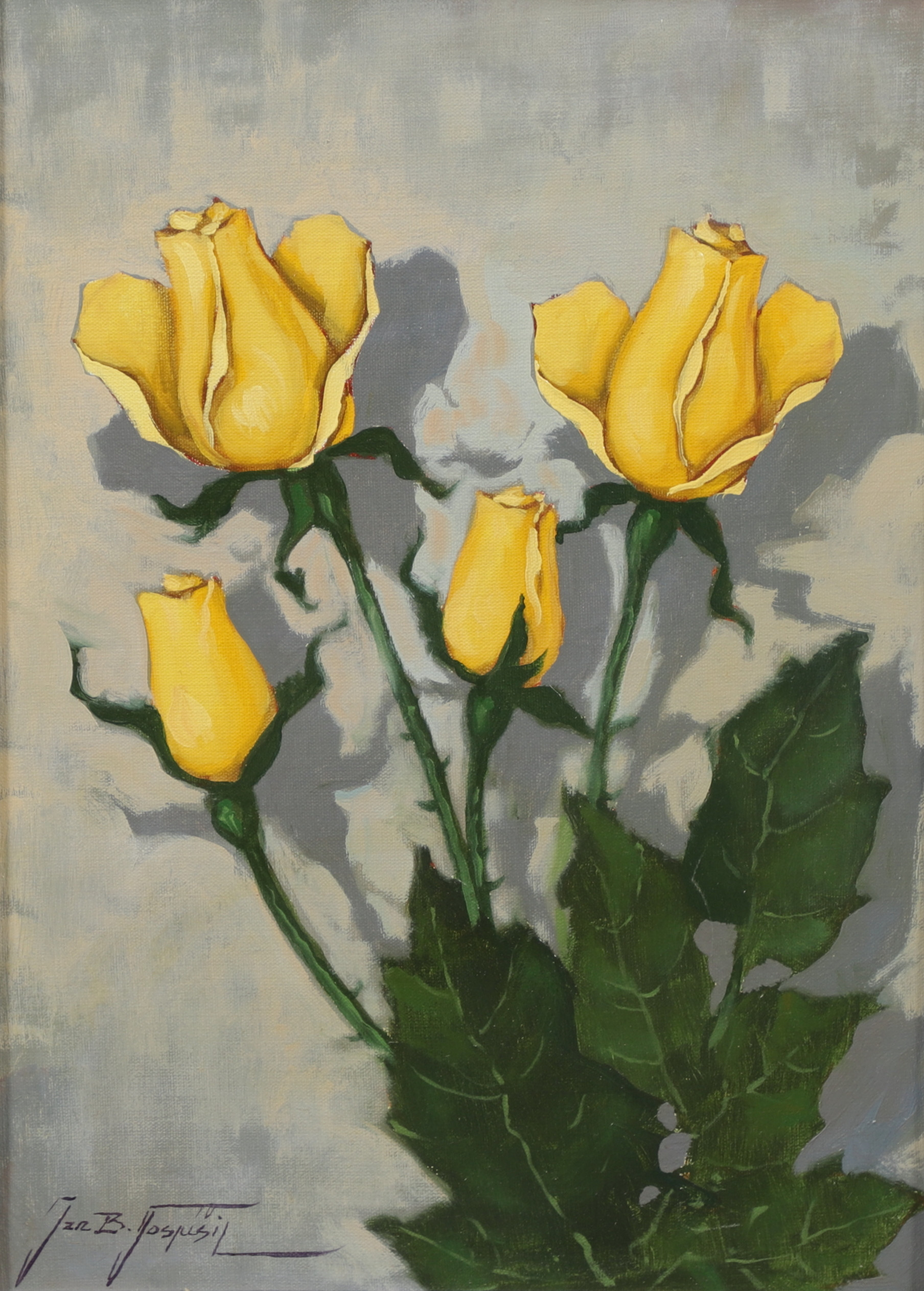 JAN BOHUMIL POSPISIL. Blomsterstilleben, olja duk, gula rosor, signerad.