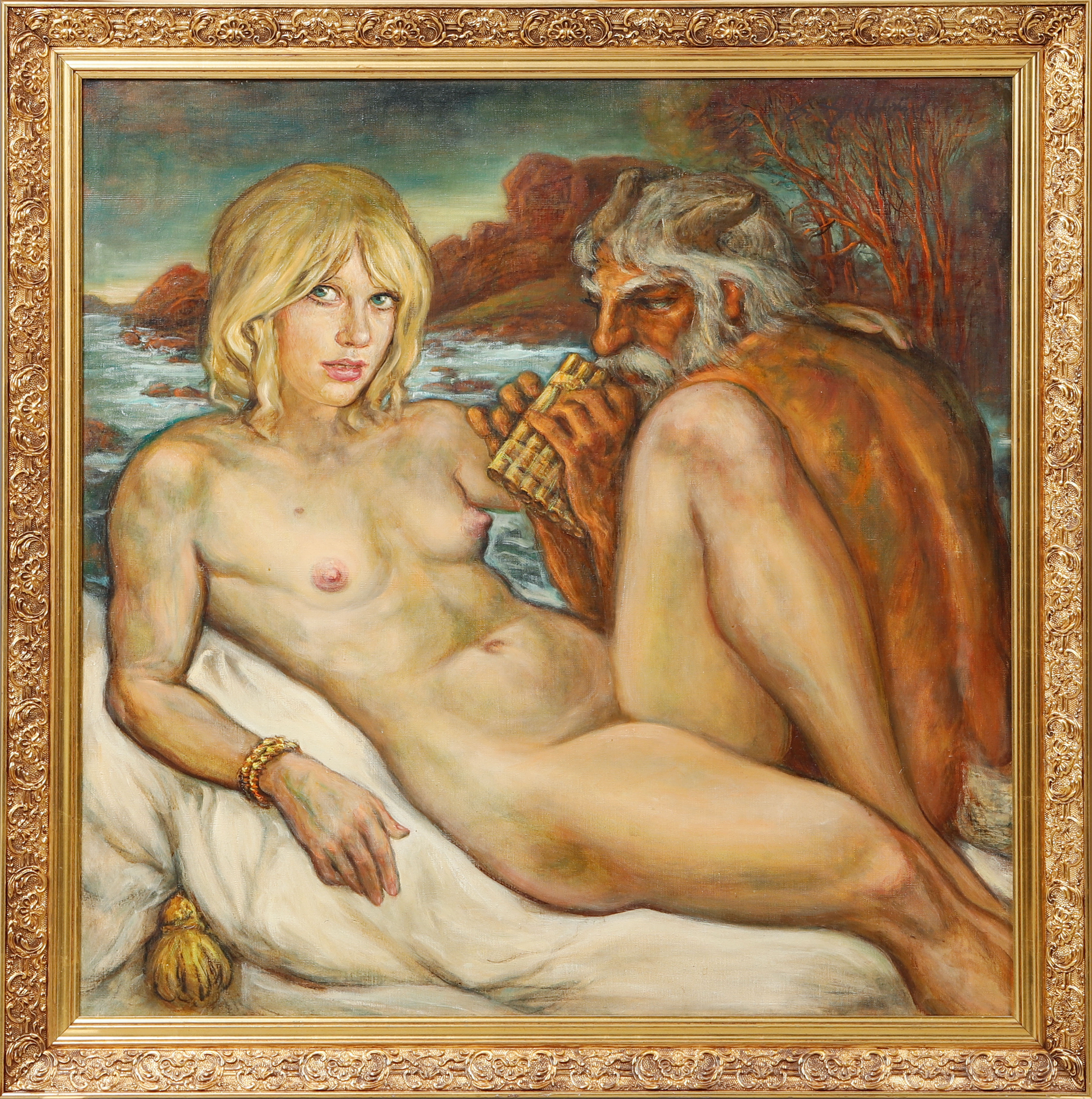 ERNST GEORG HILDEBRAND. Guden Pan, olja på duk, signerad.