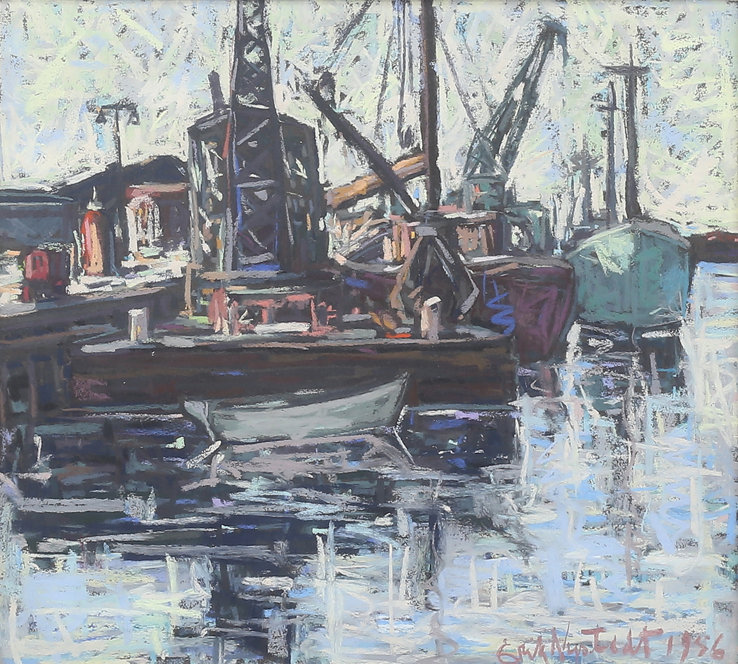 ERIK NYSTEDT. "Från Västerviks hamn". Pastell, signerad och daterad 1956.