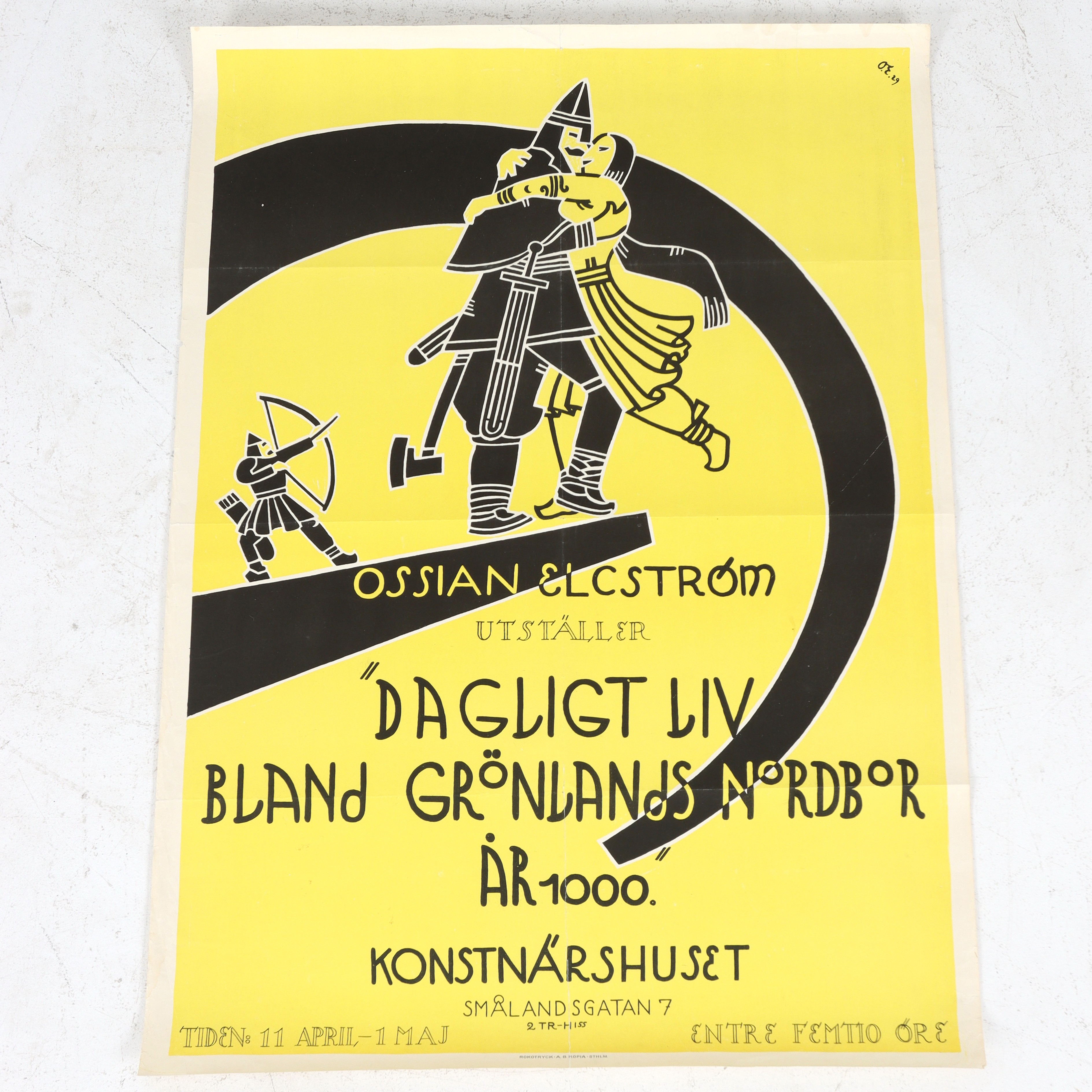 OSSIAN ELGSTRÖM. Utställningsaffisch, "Dagligt liv blad Grönlands nordbor" 1929.