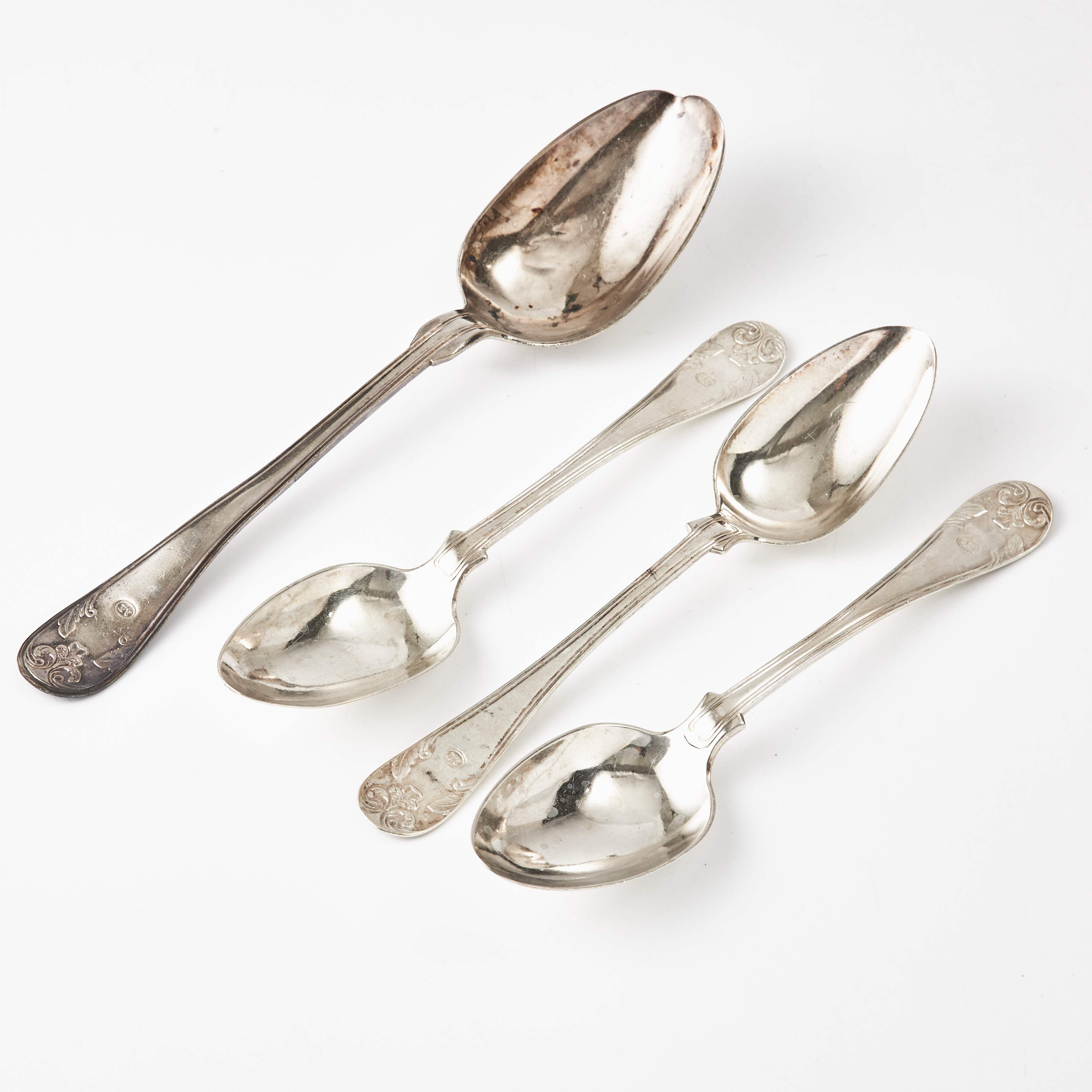 SKEDAR, 4 stycken, silver, modell "Gammal Fransk", olika tillverkare.
