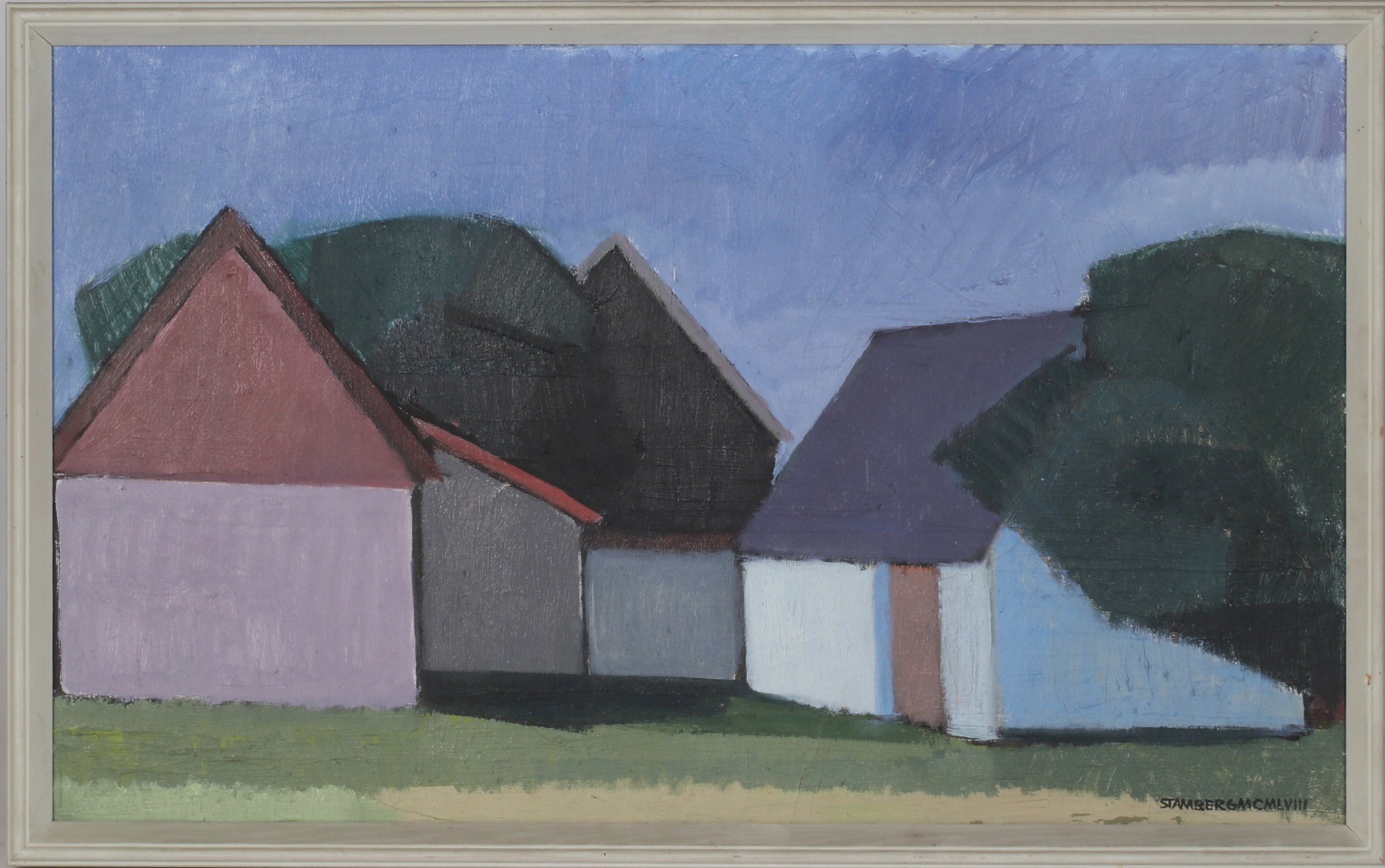 OLOF STAMBERG. "Låga hus", olja på duk, signerad och daterad MCMLVIII (1958).