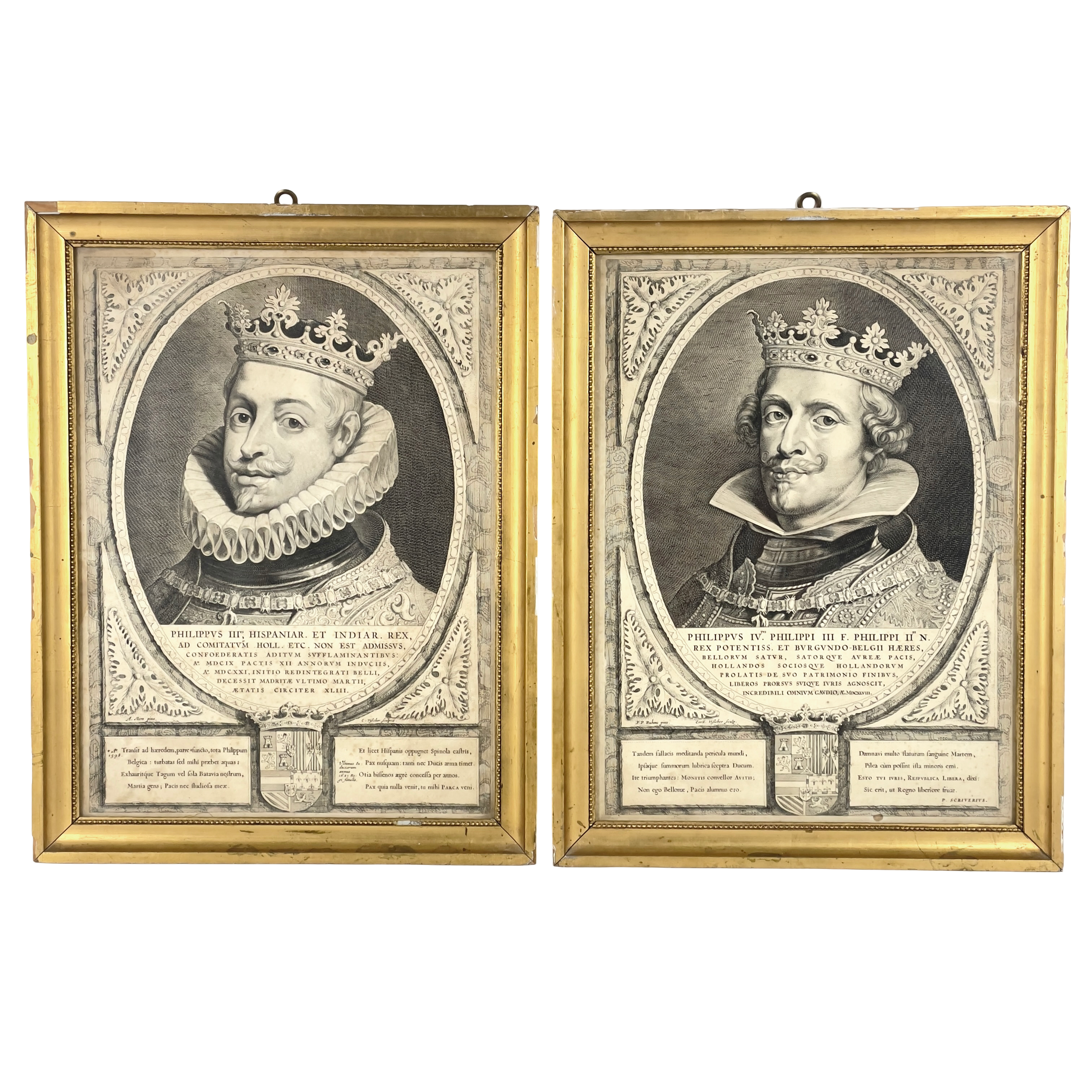 CORNELIS VISSCHER (1629-1658). Kopparstick, 2 st, Filip III & Filip IV, efter Antonis Mor/Peter Paul Rubens.