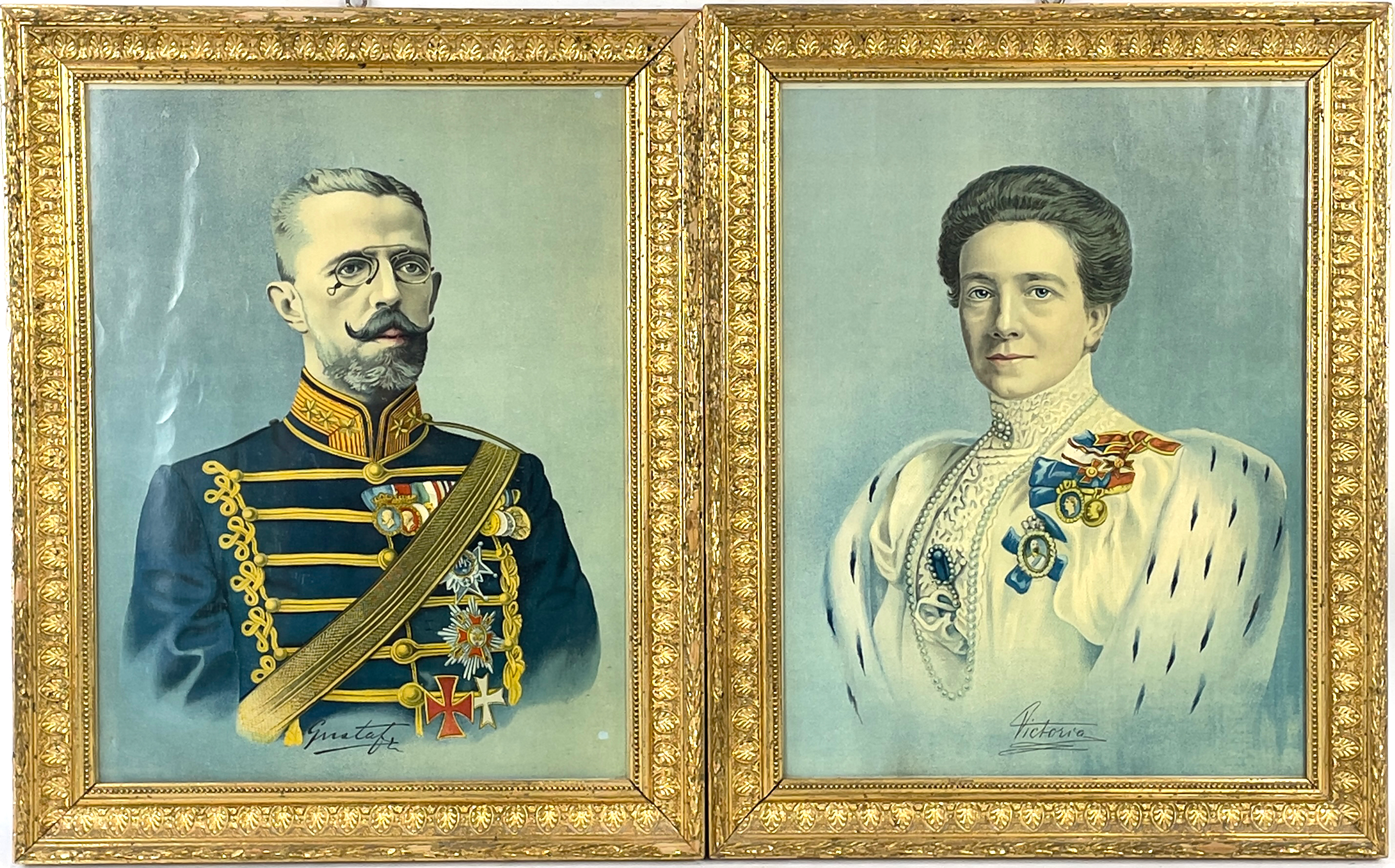PORTRÄTT, ett par. Oljetryck, Kung Gustaf V och Drottning Victoria.