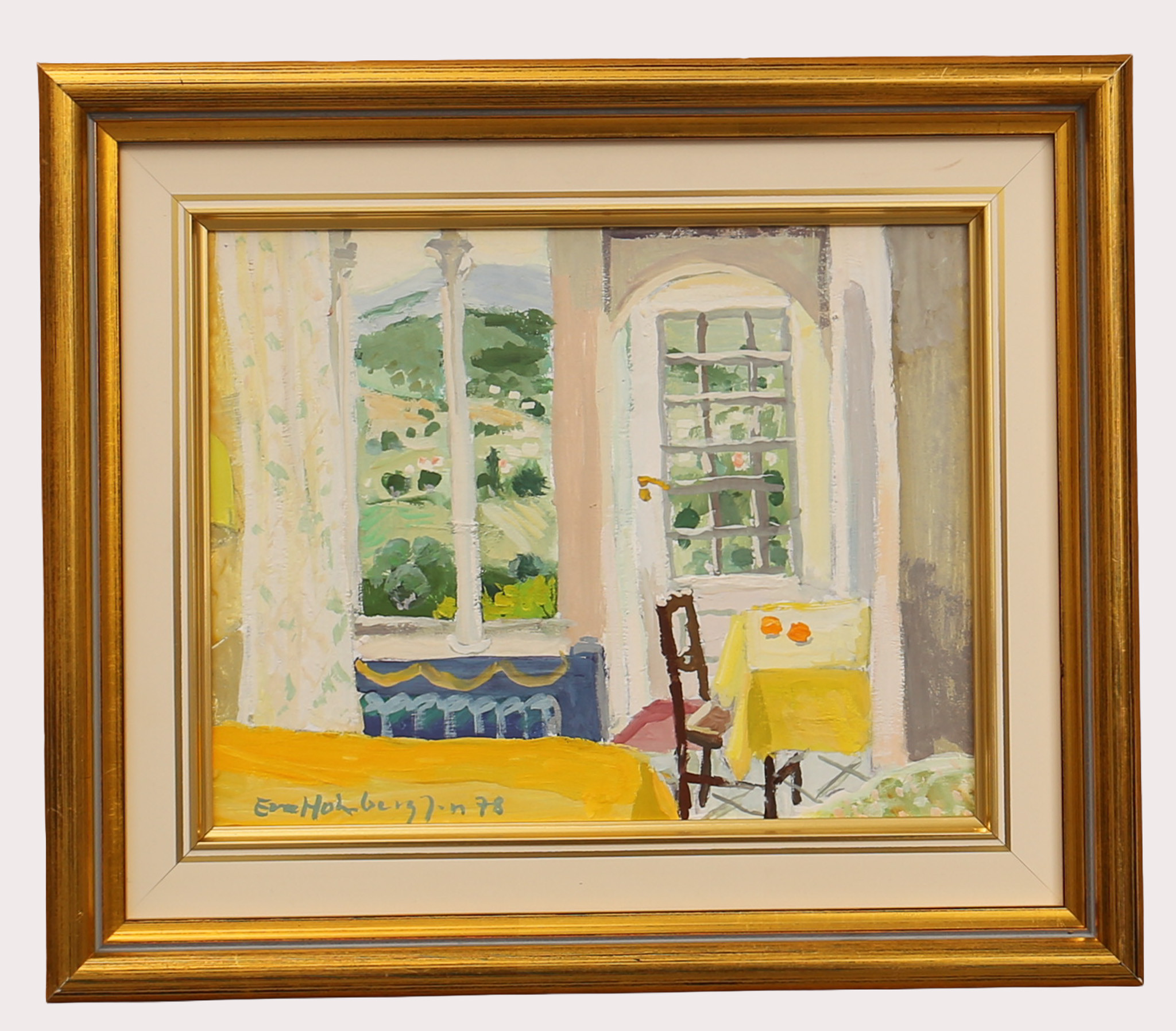 EVA HOLMBERG JACOBSSON. Olja på pannå, rumsinteriör, signerad, daterad 1978.