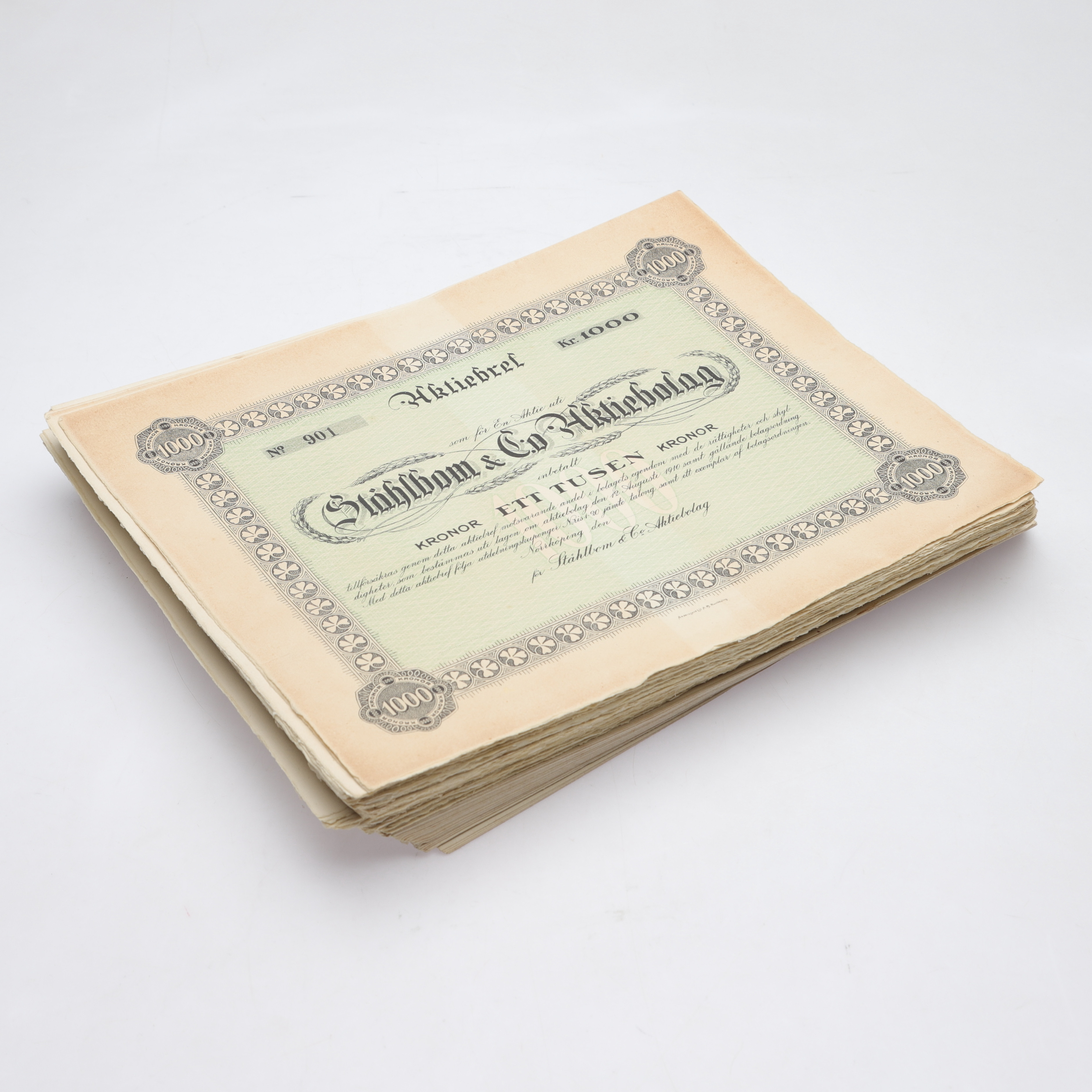 PARTI AKTIEBREV, "Ståhlbom & Co Aktiebolag", Norrköping, 1910.