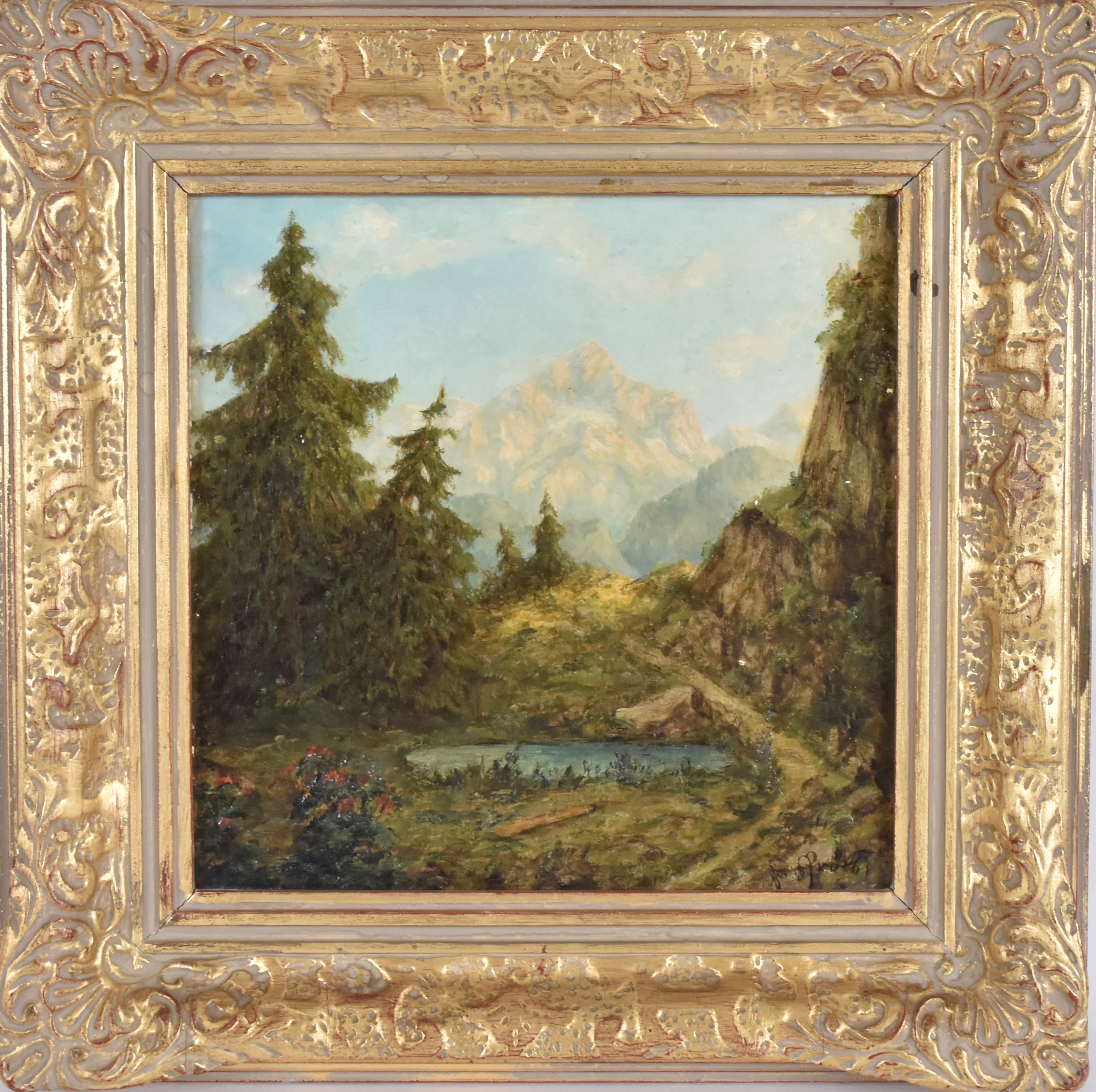 HANS PRÖLS. oljemålning på pannå, Garmisch Partenkrichen Alpspitze.