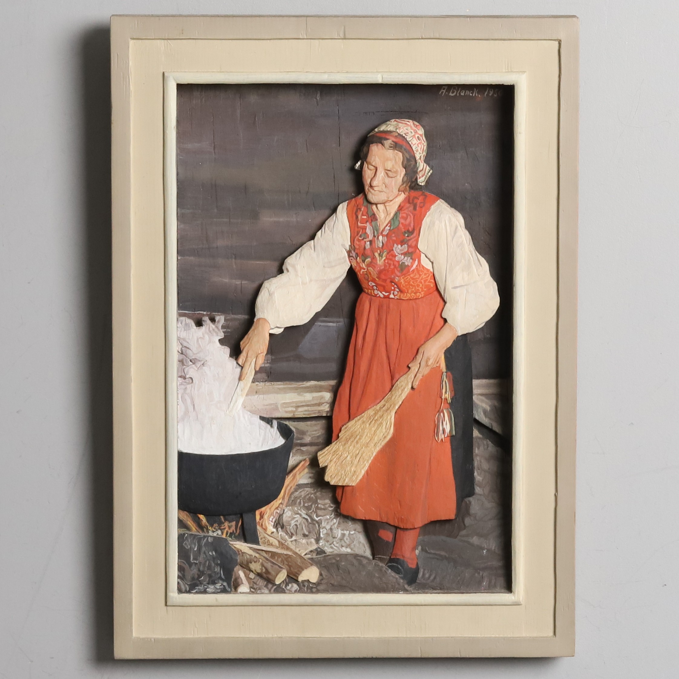 ANDERS BLANCK, VÄGGRELIEF, skuret trä, Rättvik, 1950.