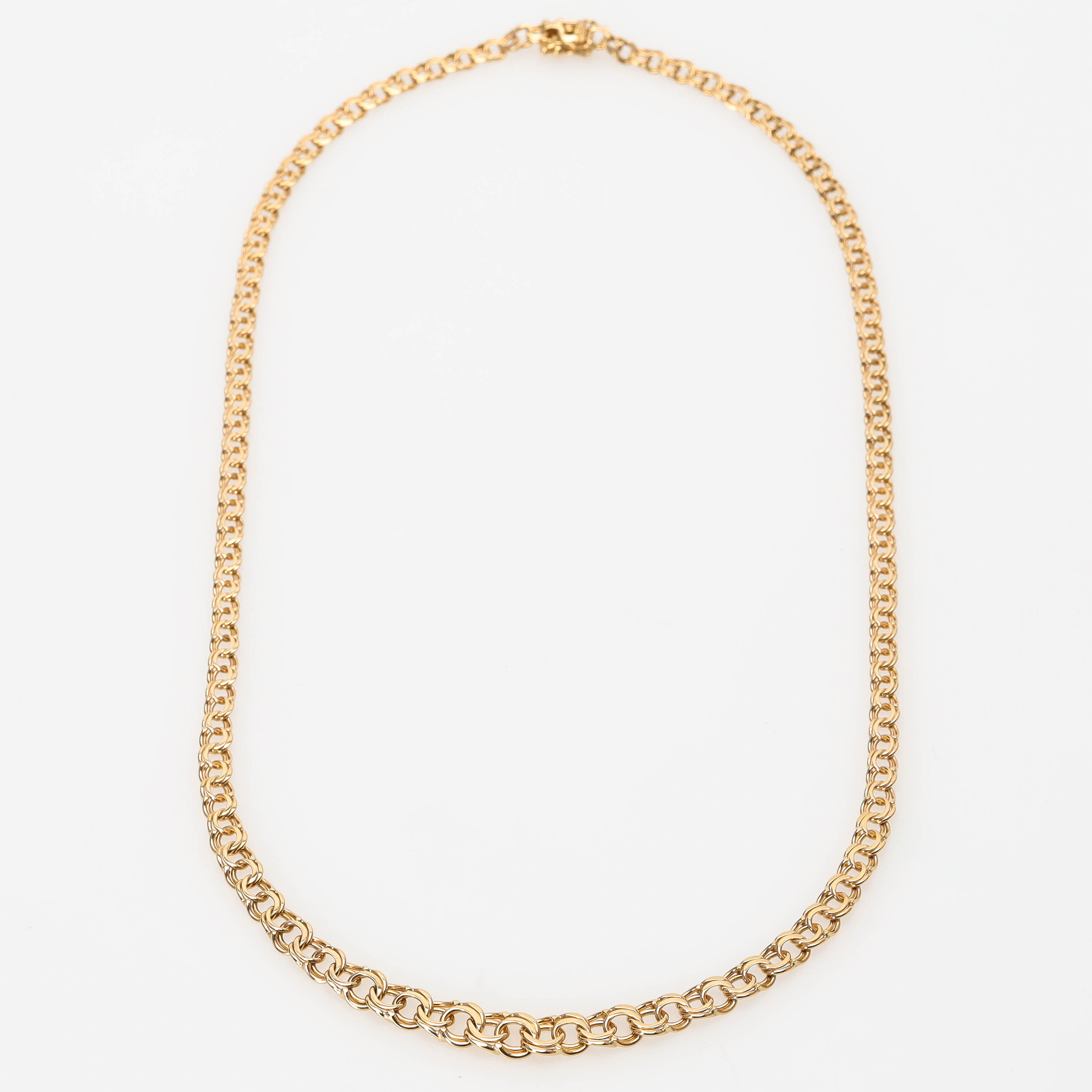 COLLIER, 18 k guld, längd 45 cm, doserad bismarklänk, Hallberg, Köping 1975.