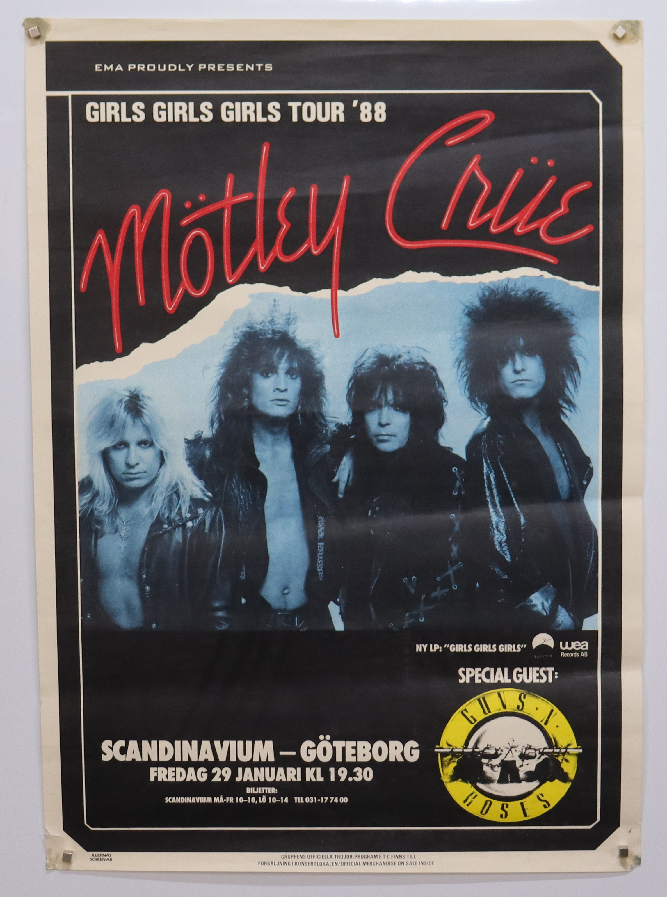 MÖTLEY CRÜE, konsertaffisch för Girls Girls Girls Tour '88, Scandinavium i Göteborg 29 Januari 1988.