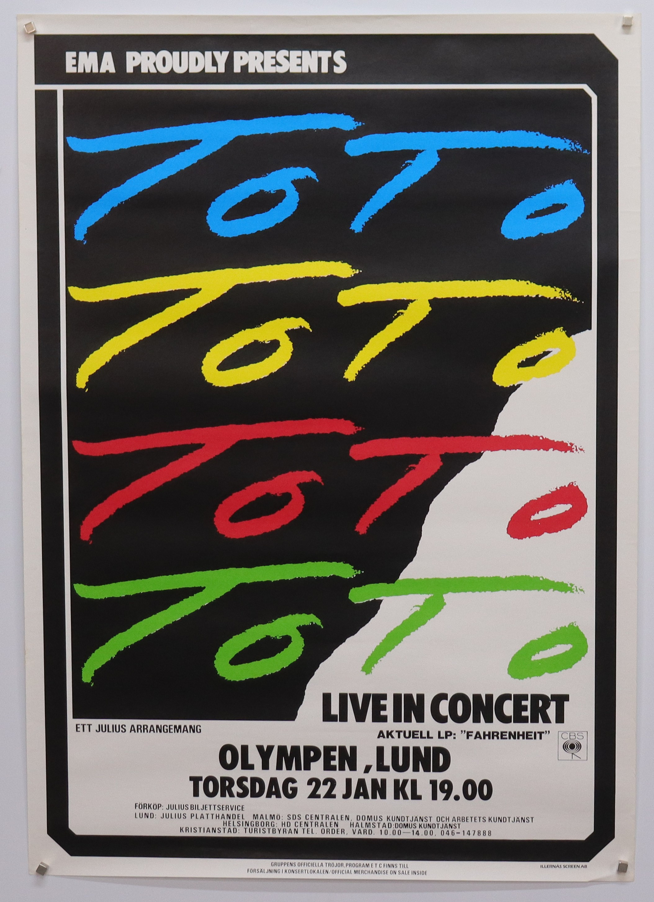 TOTO, kosertaffisch för Fahrenheit, Olympen i Lund 22 Januari, 1987.