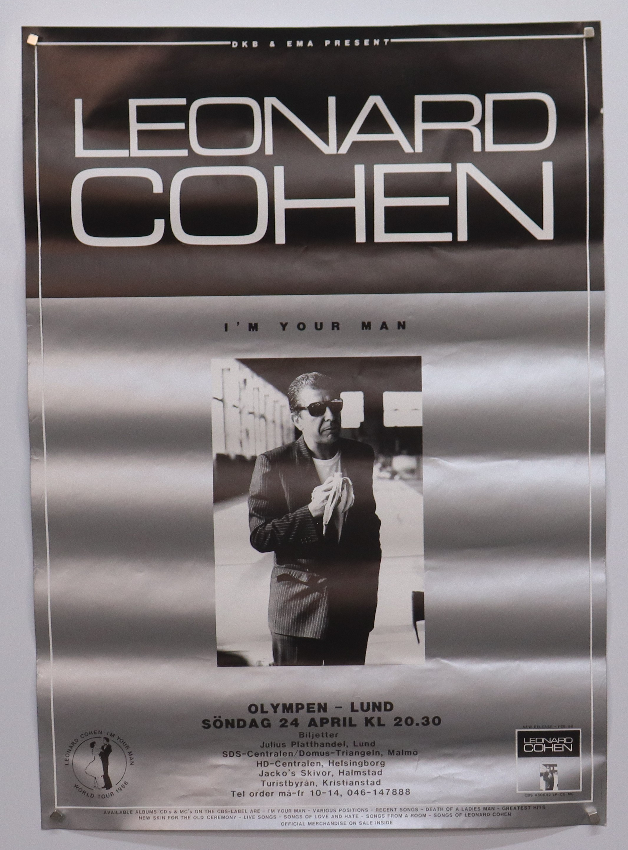 LEONARD COHEN, konsertaffisch fö I´m your Man, Olympen i Lund 24 April, 1988.