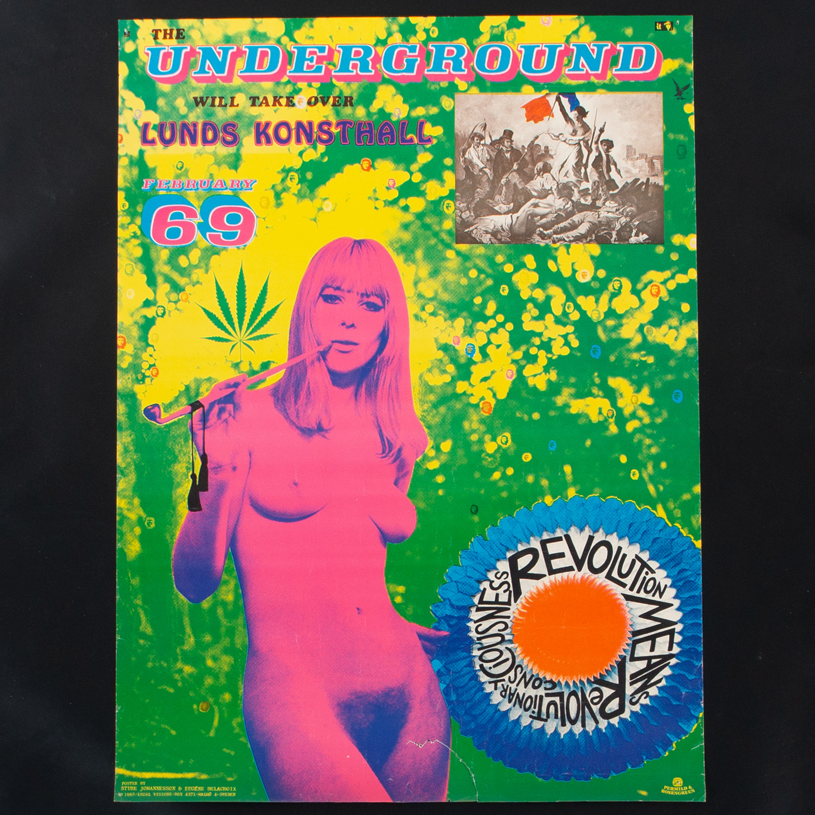STURE JOHANNESSON & EUGENE DELACROIX. "Friheten på barrikaden II"/"Haschflickan", affisch, Legal Visions, Lunds Konsthall, 1968.